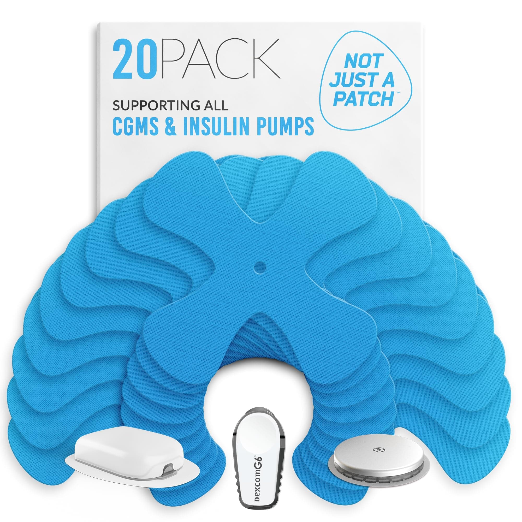 Not Just A Patch X-Patch CGM Sensor Patches (20 Pack) - Water Resistant Omnipod 5 Adhesive Patches - Durable for Active Lifestyle for 10-14 Days - Compatible with Dexcom G6, Libre 2 in Blue