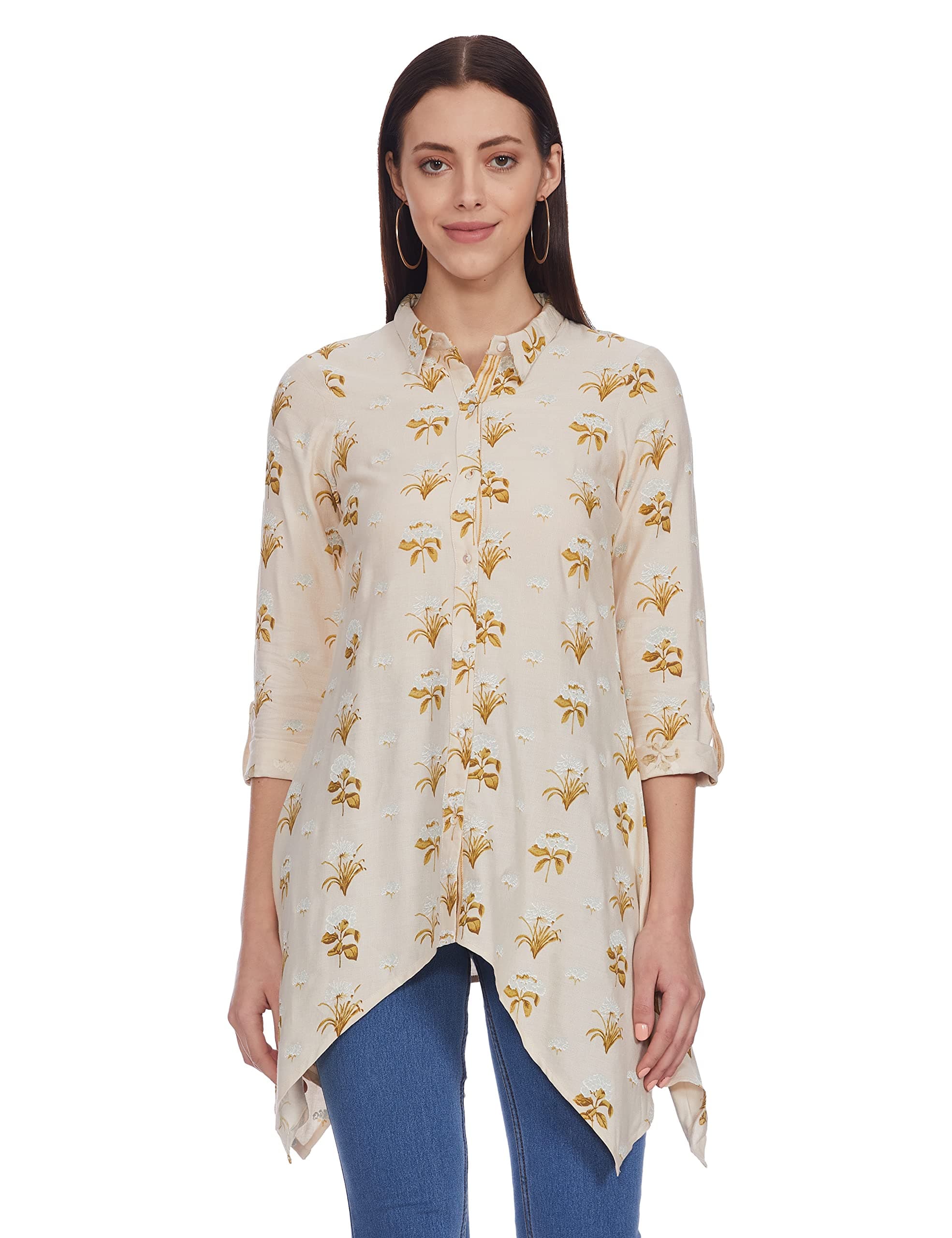 Women's Regular Fit Ecru Printed Top