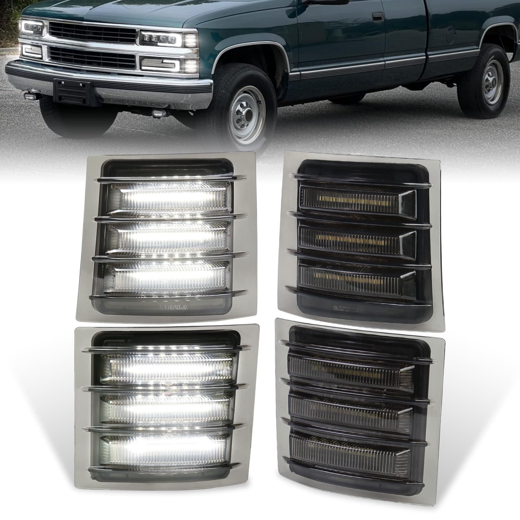 MOVOTOR LED Side Marker Light Assembly with White Sequential Turn Signal LED Front Corner Lights Compatible with 1994-1998 Chevy C/K 1500 2500 3500 C10 Silverado Tahoe Suburban(NOT FIT for GMC)
