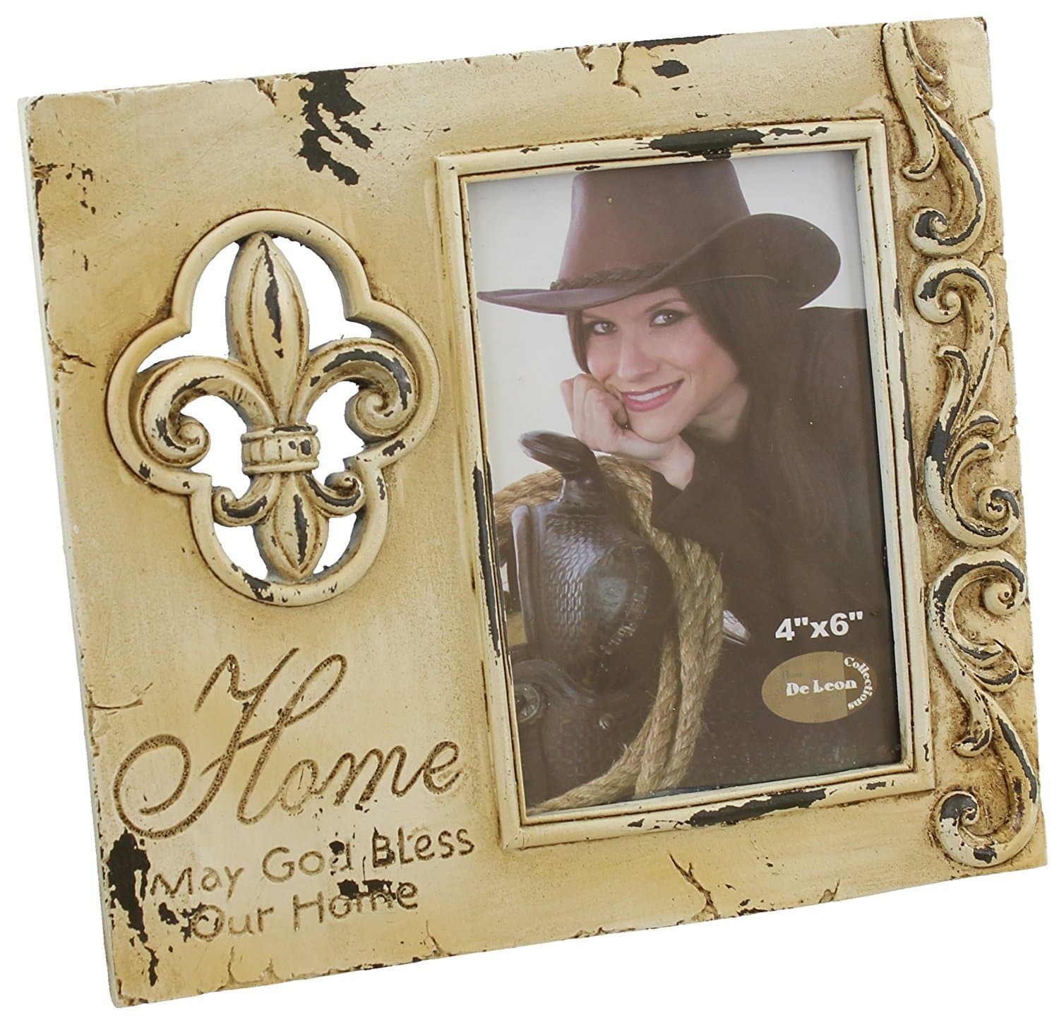 Rustic Fleur-de-lis Weathered Look Picture Frame 4" X 6" - Chalk Paint Finish - May God Bless our Home