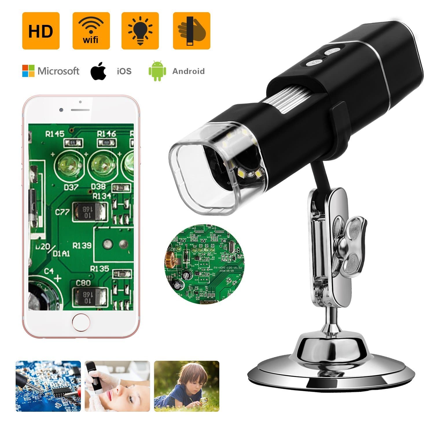 Tonha WiFi Digital Microscope | 720p High Resolution Camera | Built-in 8pc LED Lights with Luminance Control & Adjustable Focal Length | for Students, Engineers, Artists & Inquisitive Minds