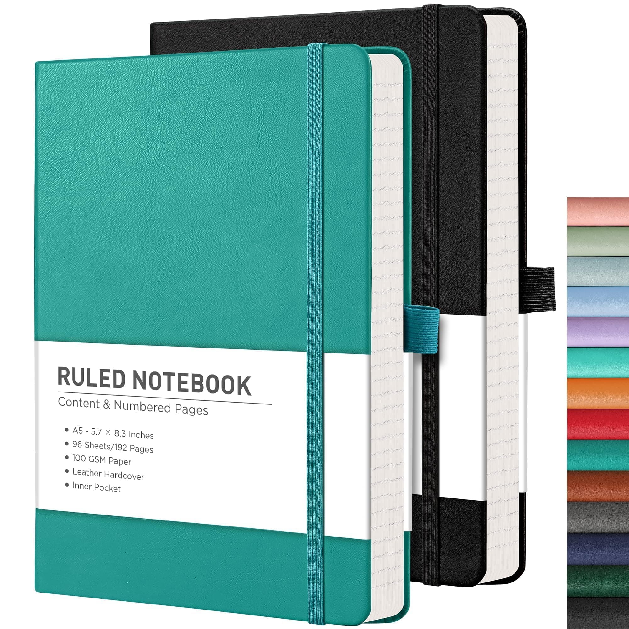 RETTACY Notepad A5 Lined 2 Pack - Leather Journal with 376 Numbered Ruled Pages, Hardcover Notebook,2 Free Sticky Notes Divider,8 Perforated Sheets, Pen Loop, Inner Pocket, 14.5 x 21cm(Black Cyan)