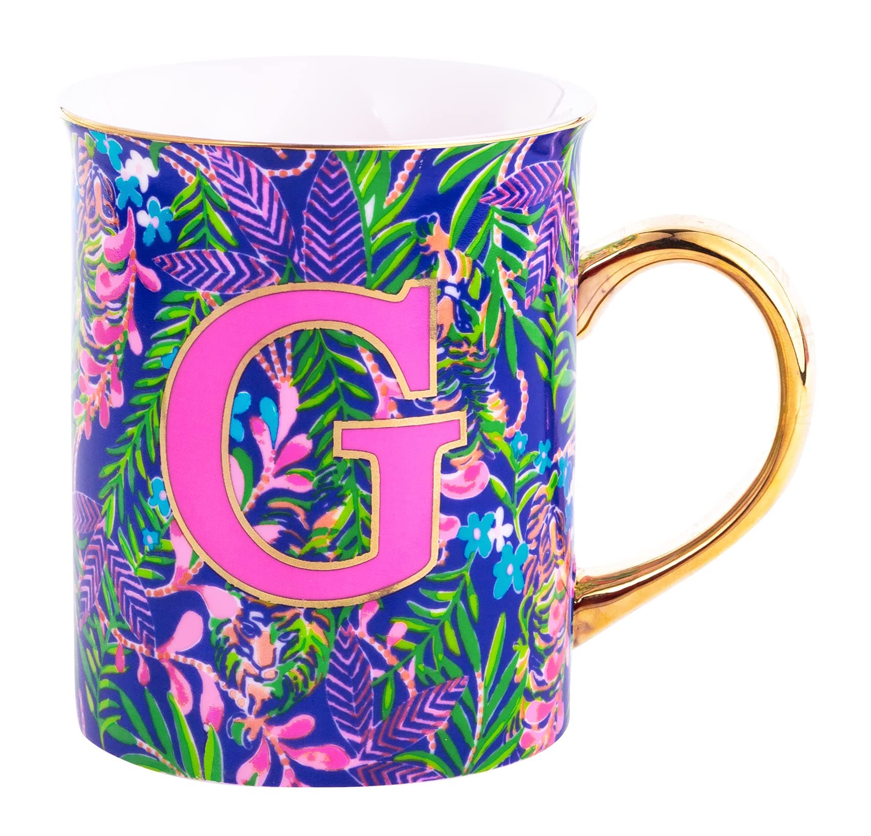 Lilly Pulitzer Initial Ceramic Coffee Mug, 14 Oz Tea Cup, Cute Mug with Gold Handle and Gift Box, G (How You Like Me Prowl)