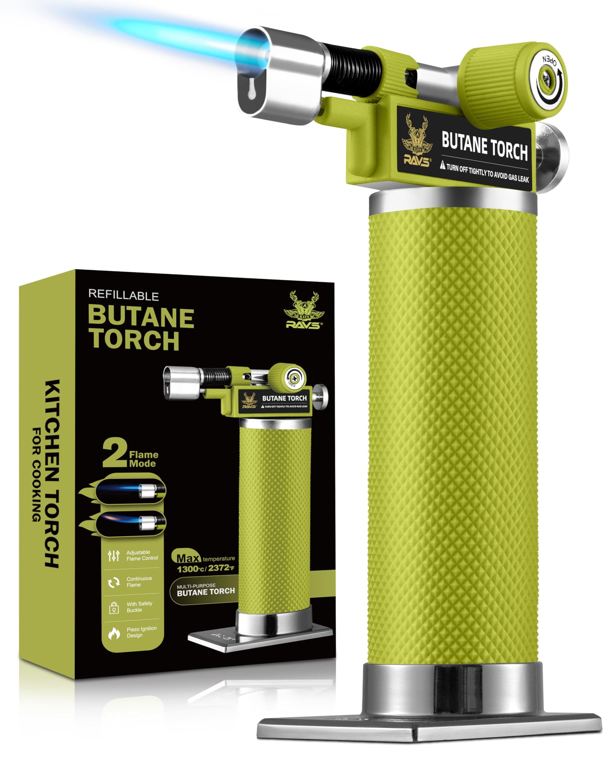 RAVS DUAL Flame Mode Butane Torch Lighter, Refillable Kitchen Torch, Metal Body Creme Brulee Torch for Baking, Cooking, Resin Art with Adjustable Flame, Green Soldering Torch, Butane Gas Not Included