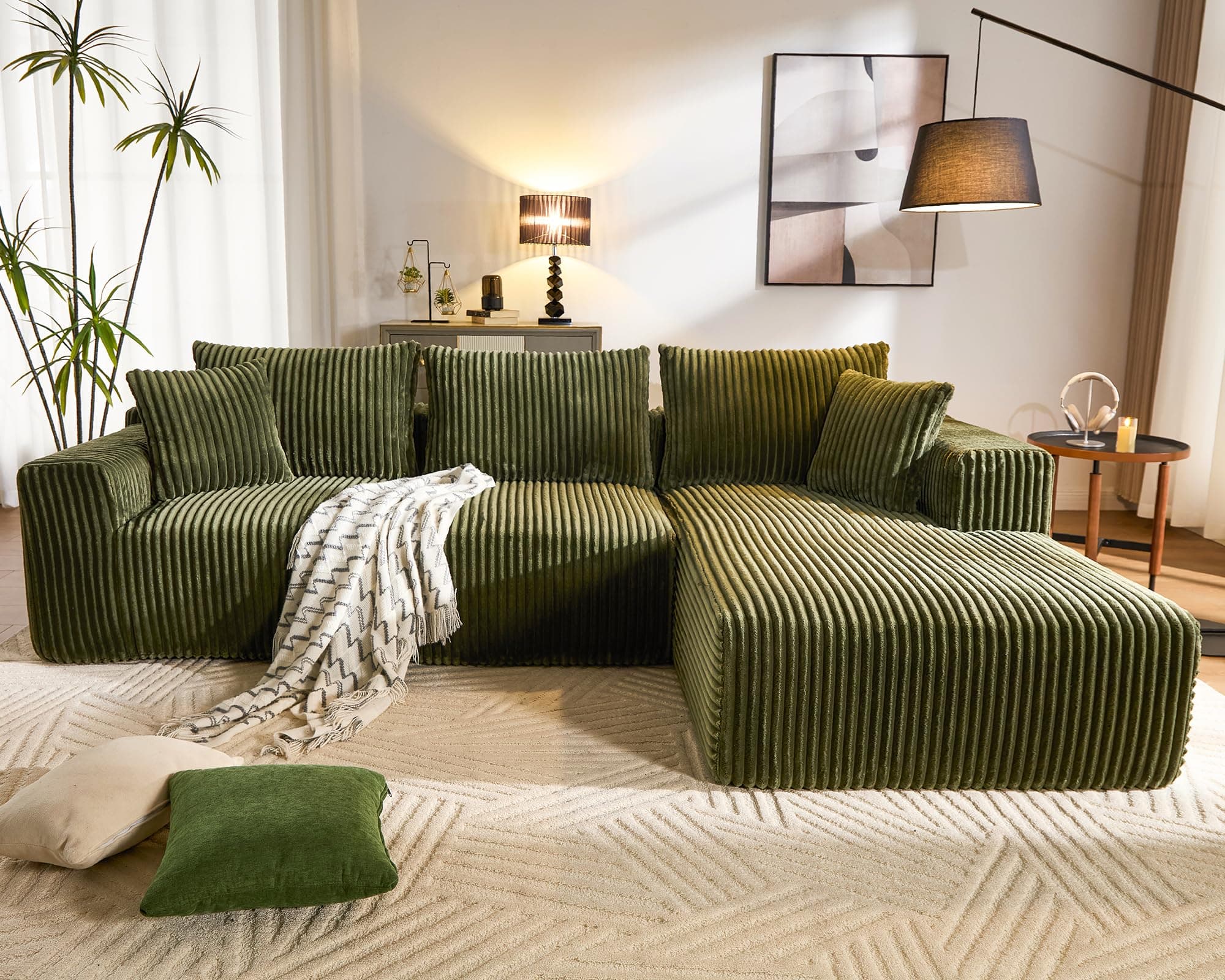 - WorthFurni Cloud Modular Sofa Couch with L-Shape Chaise,Modern Sectional with Deep Seat, Upholstered Couches for Living Room Bedroom,No Assembly Required, Plush Corduroy Fabric 110.4"(Green)