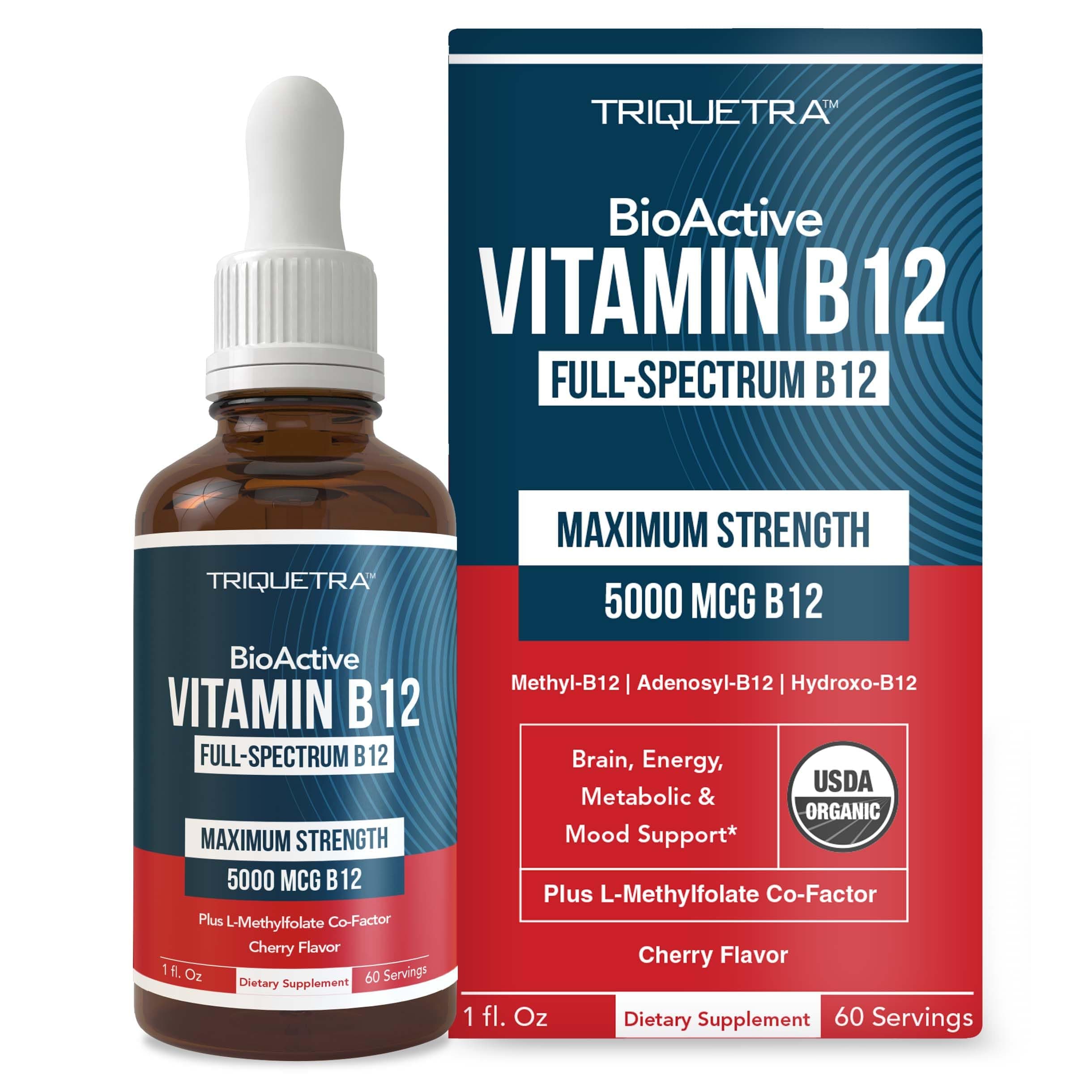 BioActive Vitamin B12 5000 mcg | 3 BioActive Forms Plus Methylfolate Cofactor - Methylcobalamin, Adenosyl & Hydroxy | Sublingual Liquid Drops, Berry Flavor, Organic, Non-GMO, Vegan (1 oz)