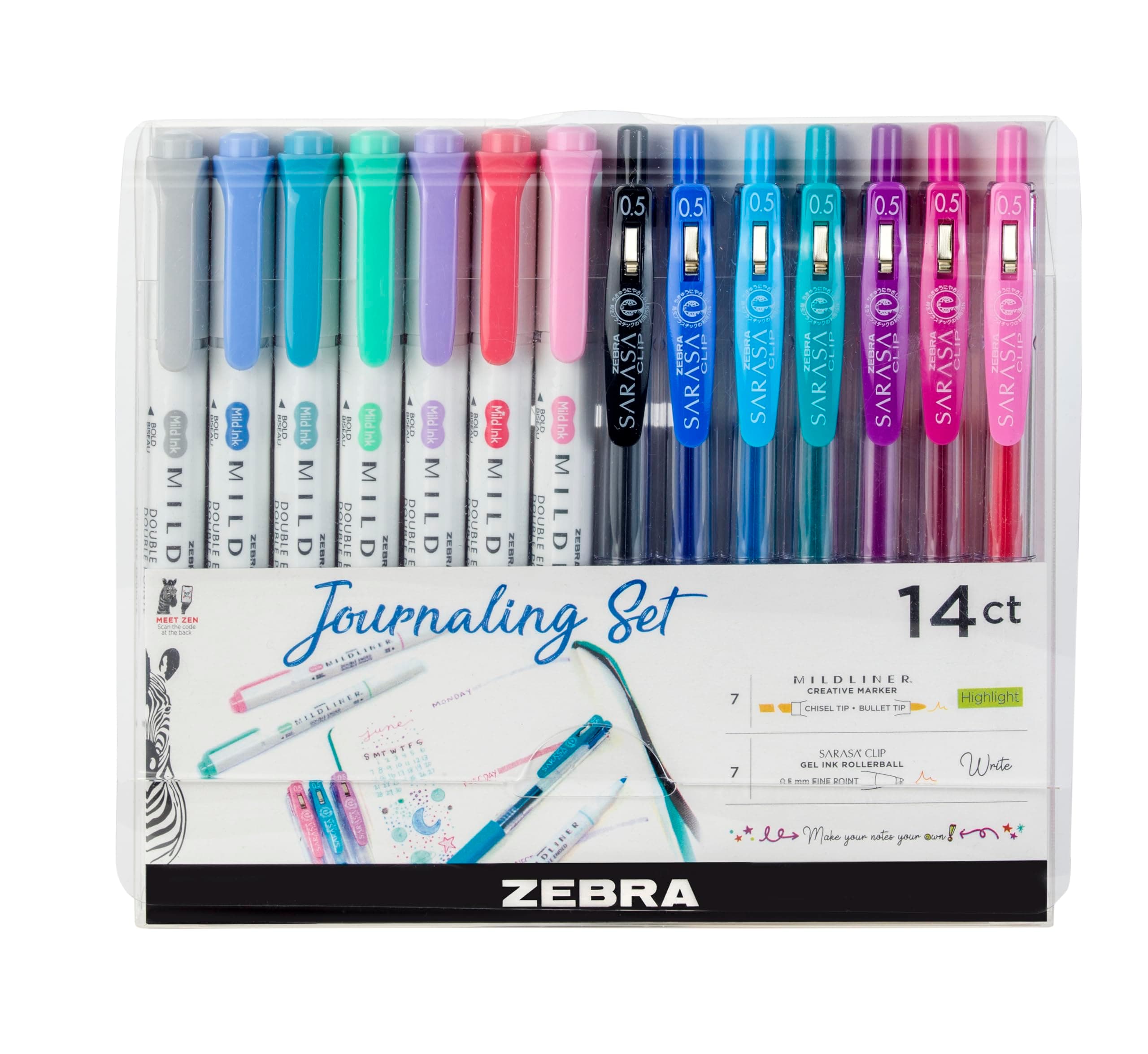 Zebra Pen MILDLINER Dual Tip Highlighter Journaling Set, Gel Pens & Pastel Highlighters Multipack, Broad & Fine Tip Markers & Highlighters, Double Ended Pens, Assorted Colours, 14pc