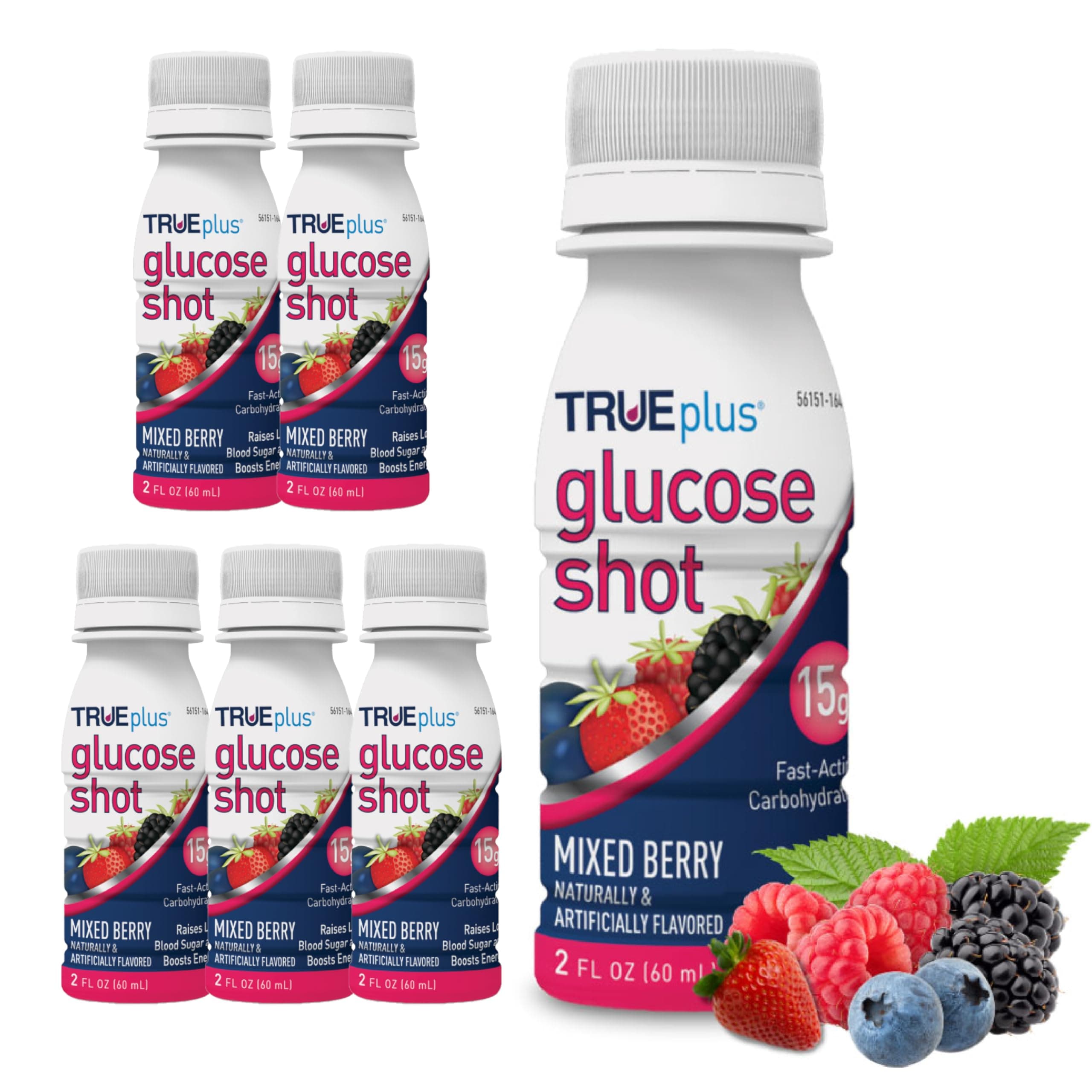 TRUEplus Glucose Shot, Mixed Berry, 15g Fast-Acting Carbohydrates, Fat Free, Gluten Free, Raise Low Blood Sugar and Boost Energy, 6 Pack