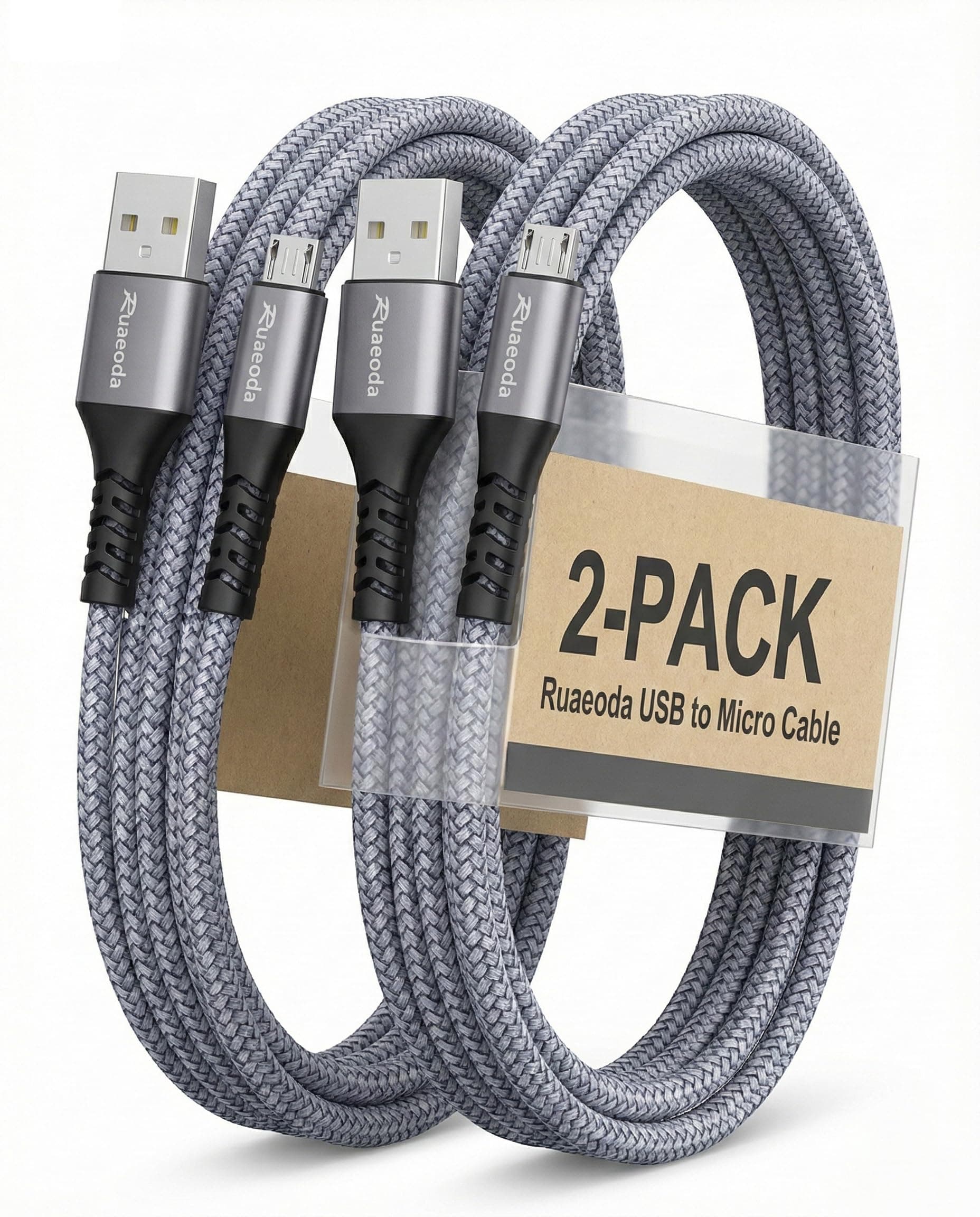 6ft Micro USB Cable 2-Pack, Heavy Duty Pet-Proof Braided Android Charger Cord, Fast Charging Wire with 25000+ Bend Lifespan for PS4 Controller, Kindle & Legacy Tech (Space Grey)