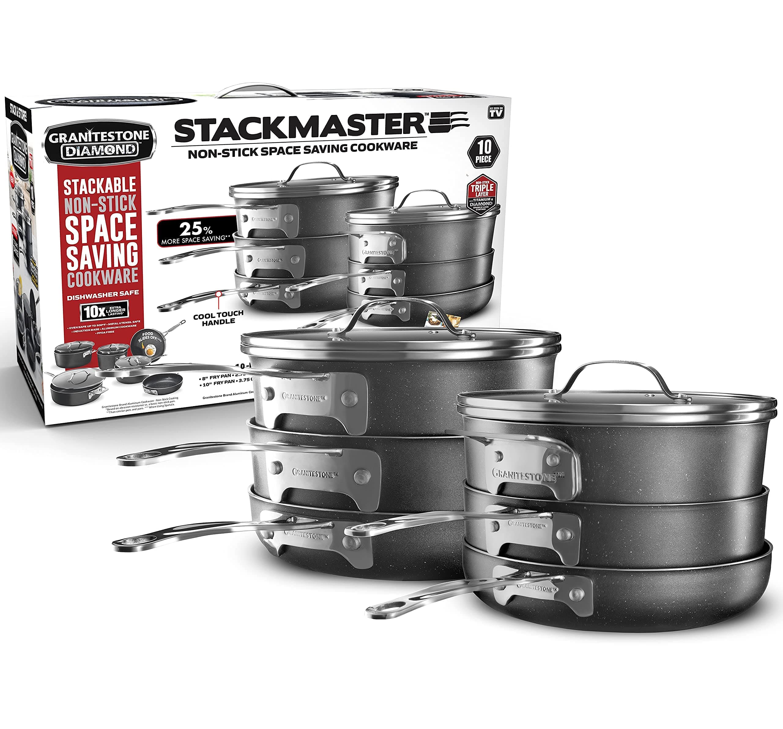 Original Stack Master 10 Piece Cookware Set, Triple Layer Nonstick Granite Stone with Diamond infused Coating, Dishwasher Oven Safe, Non-Toxic Pots and Pans, Large, Black