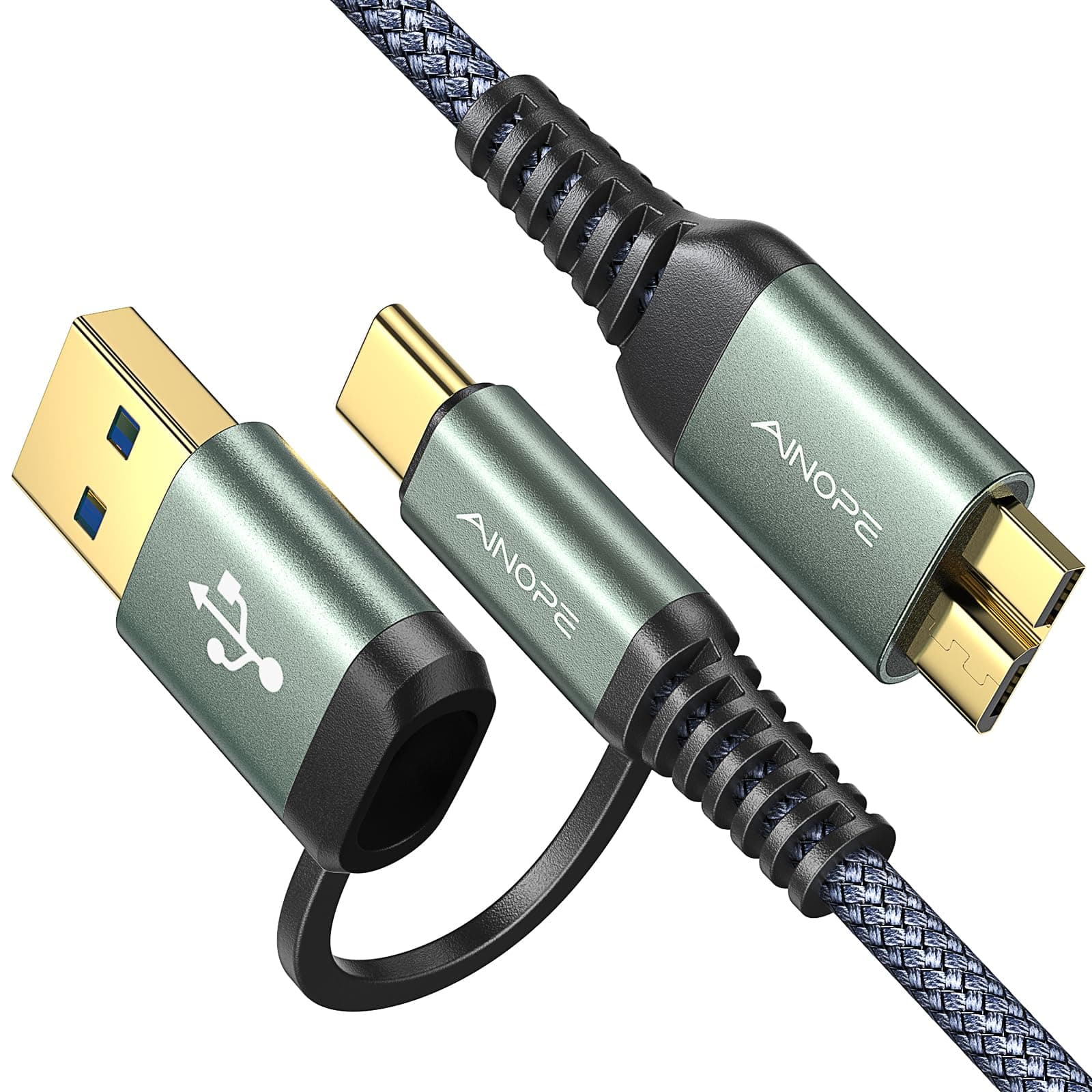 AINOPE 10Gbps Micro B to USB C, 1.5FT External Hard Drive Cable, Nylon Braided Hard Drive Cable, Compatible with MacBook Pro/Air, Tablet/iPad, WD Seagate Toshiba Westgate, Samsung Galaxy S25