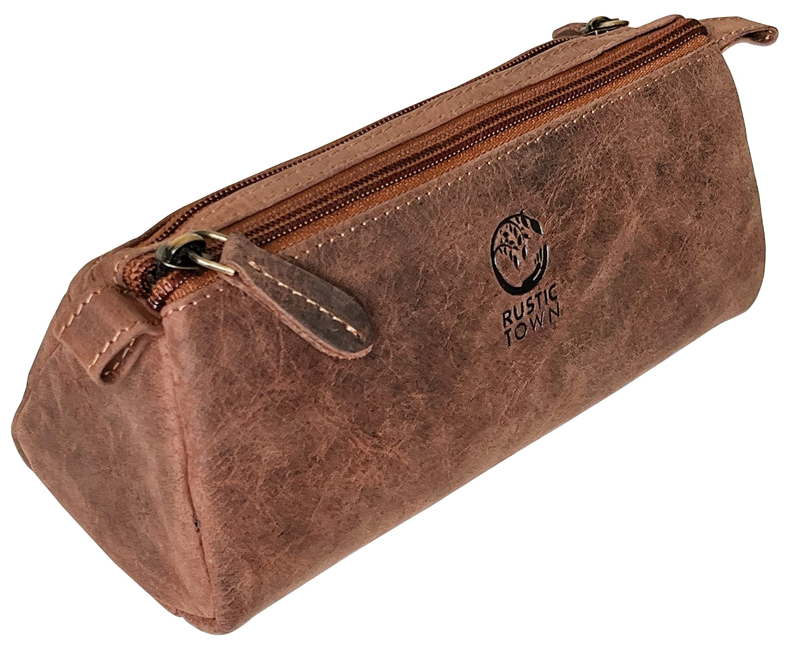 - Leather Pencil Case - Zippered Pen Pencil Pouch for School, Work & Office (Brown)