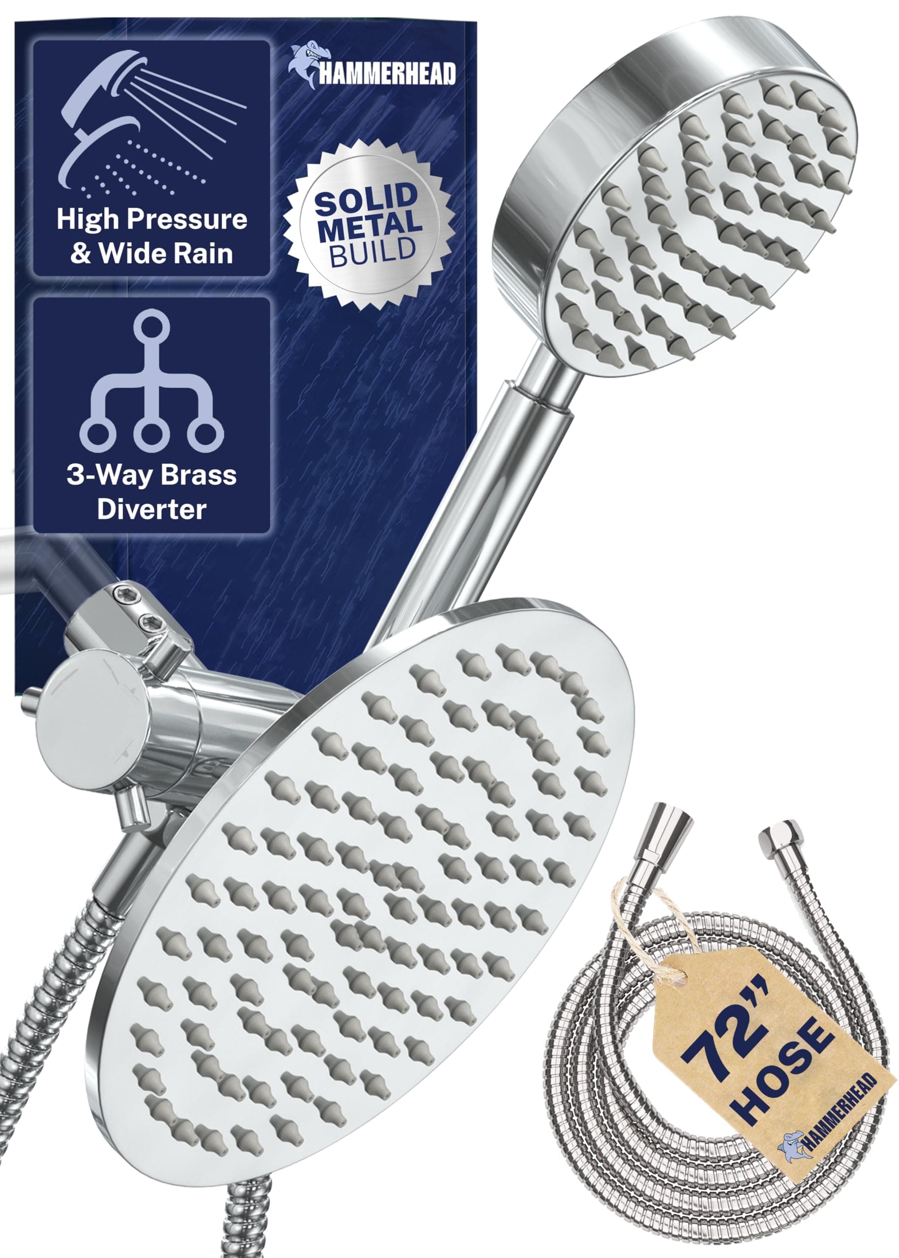 HammerHead Showers® Solid Metal Dual Shower Head Combo – CHROME – 8 Inch Rainfall High Flow Shower Head & Handheld Shower Head High Pressure with Hose 6ft - Hotel-Like Double Shower Heads