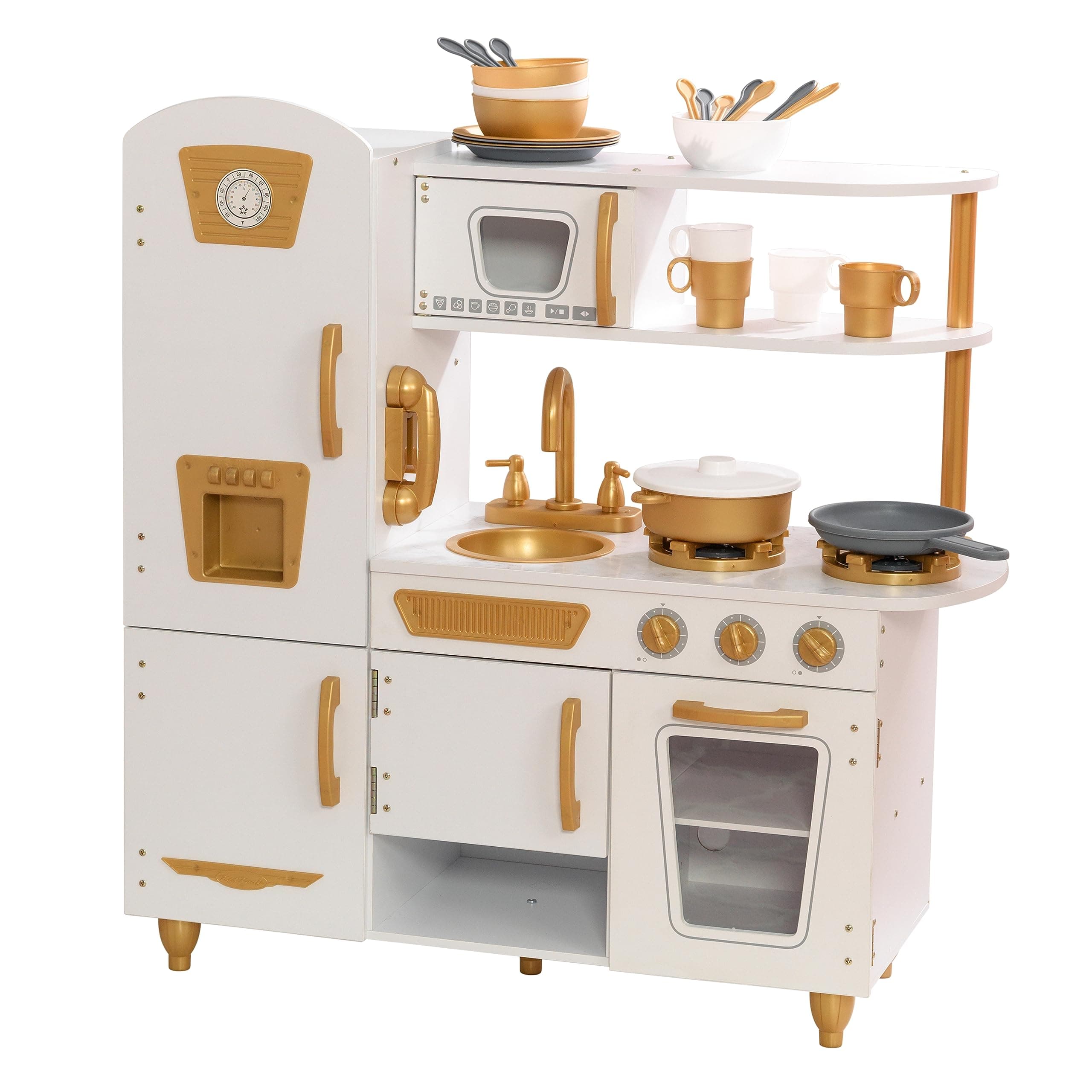 KidKraft Modern White Toy Kitchen with Gold Accents and 27 Piece Cookware Kitchen Accessory Set, Wooden Play Kitchen with Toy Phone, Kids' Kitchen set with Retro Toy Fridge, 53445 - Amazon Exclusive