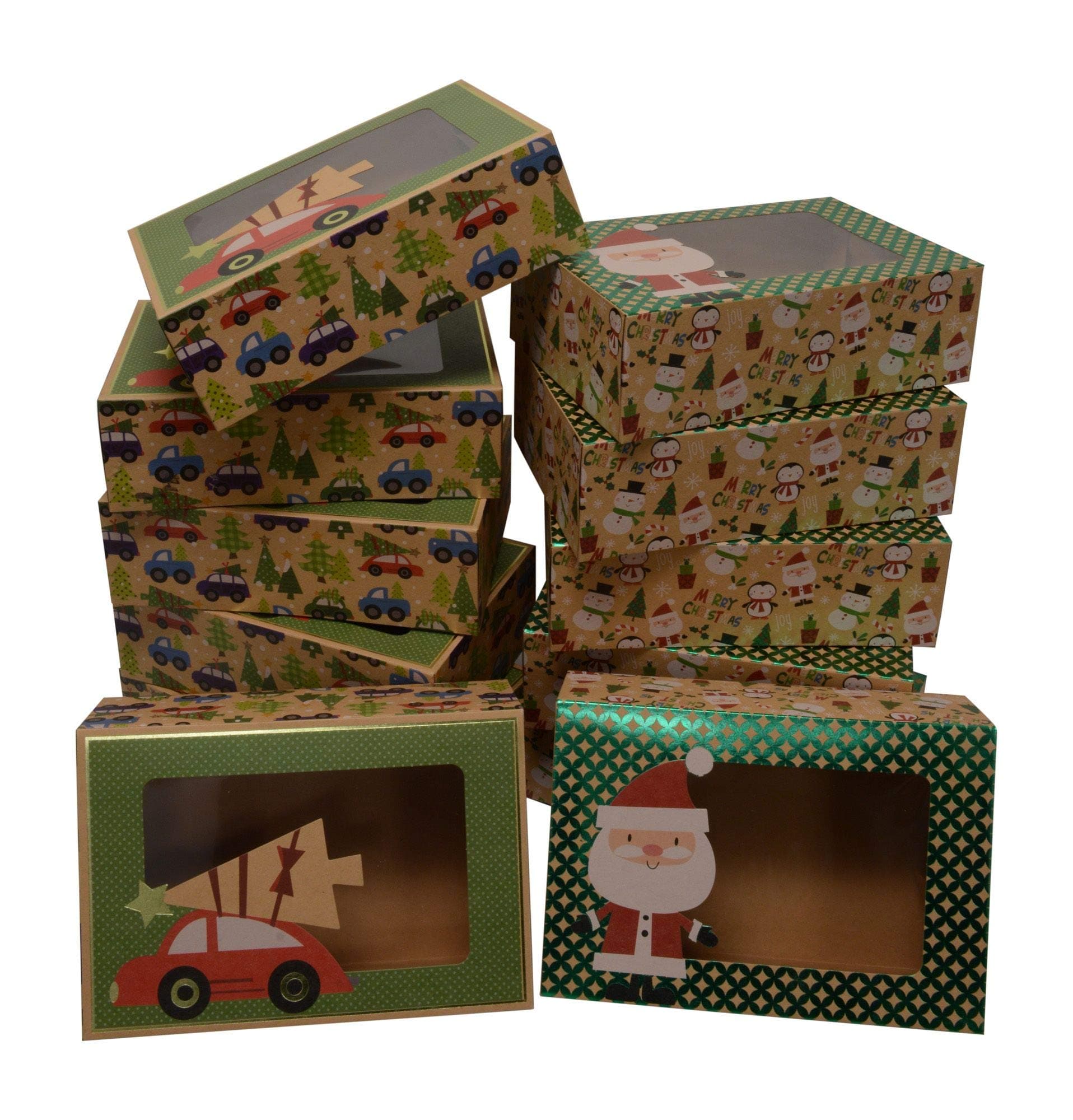 Christmas Doughnut and Cookie Gift Boxes; Rectangle with Clear Window; Brown Kraft with hot Stamp Christmas Designs; 6 of Each Print; Set of 12 Boxes (12, 8.6" x 6" x 2.75" Style B)