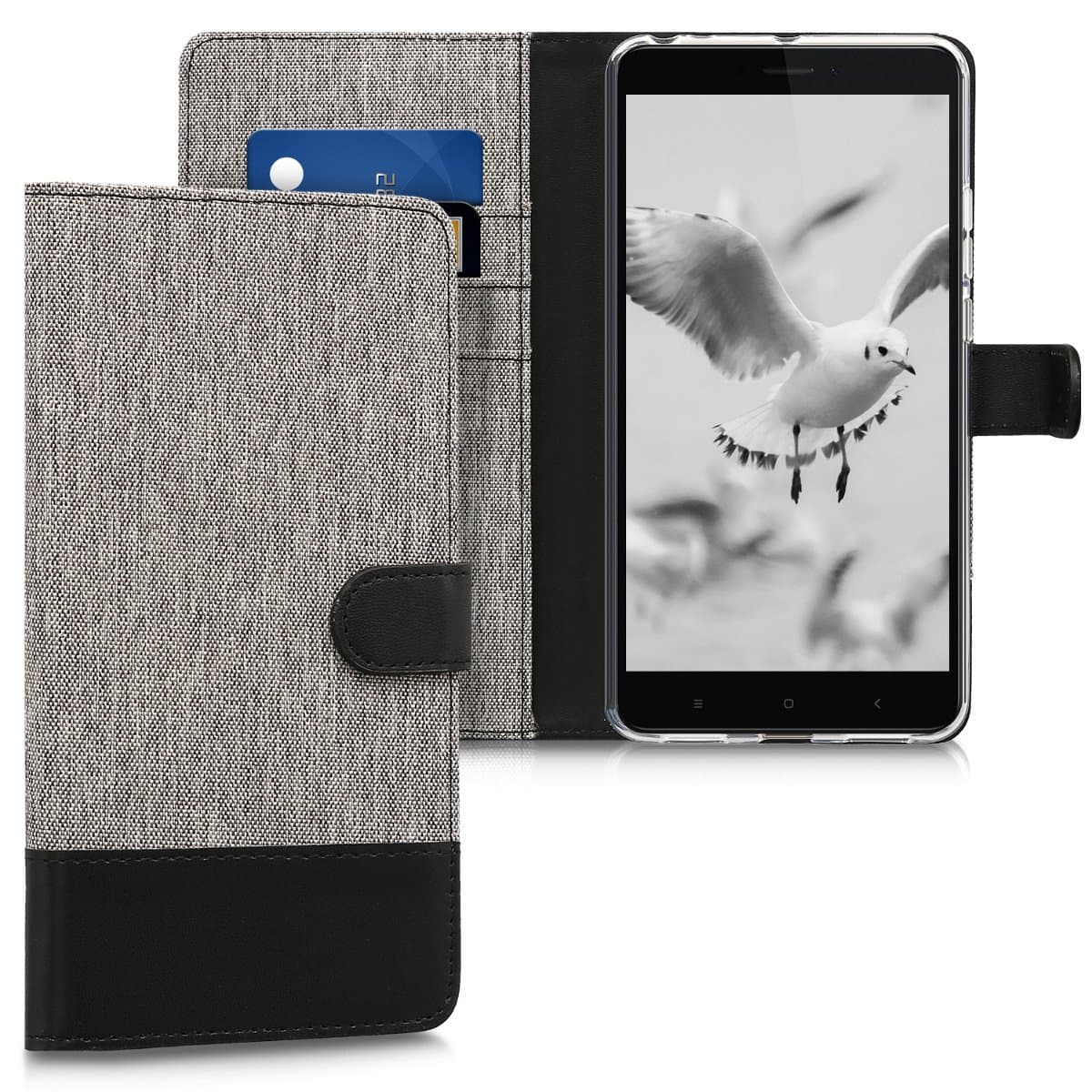 kwmobile Wallet Case Compatible with Xiaomi Mi Max 2 - Case Fabric and Faux Leather Phone Flip Cover - Grey/Black