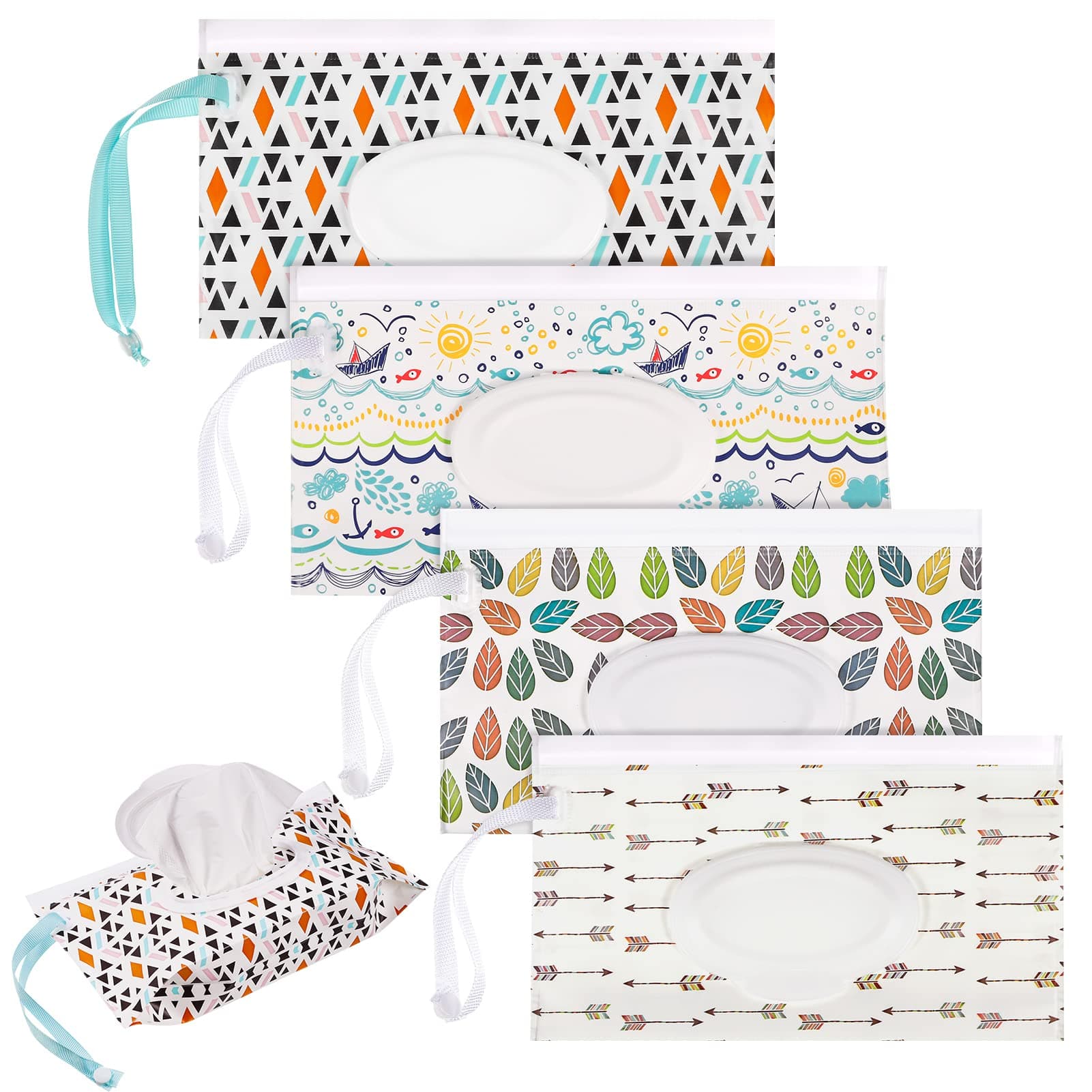 RosewineC 4 Pack Wet Wipe Pouch, Extra Large 10" x 6" Reusable Baby Wipe Case Refillable Wipes Dispenser Travel Container Wipes Bag for Baby and Adult (Colorful)