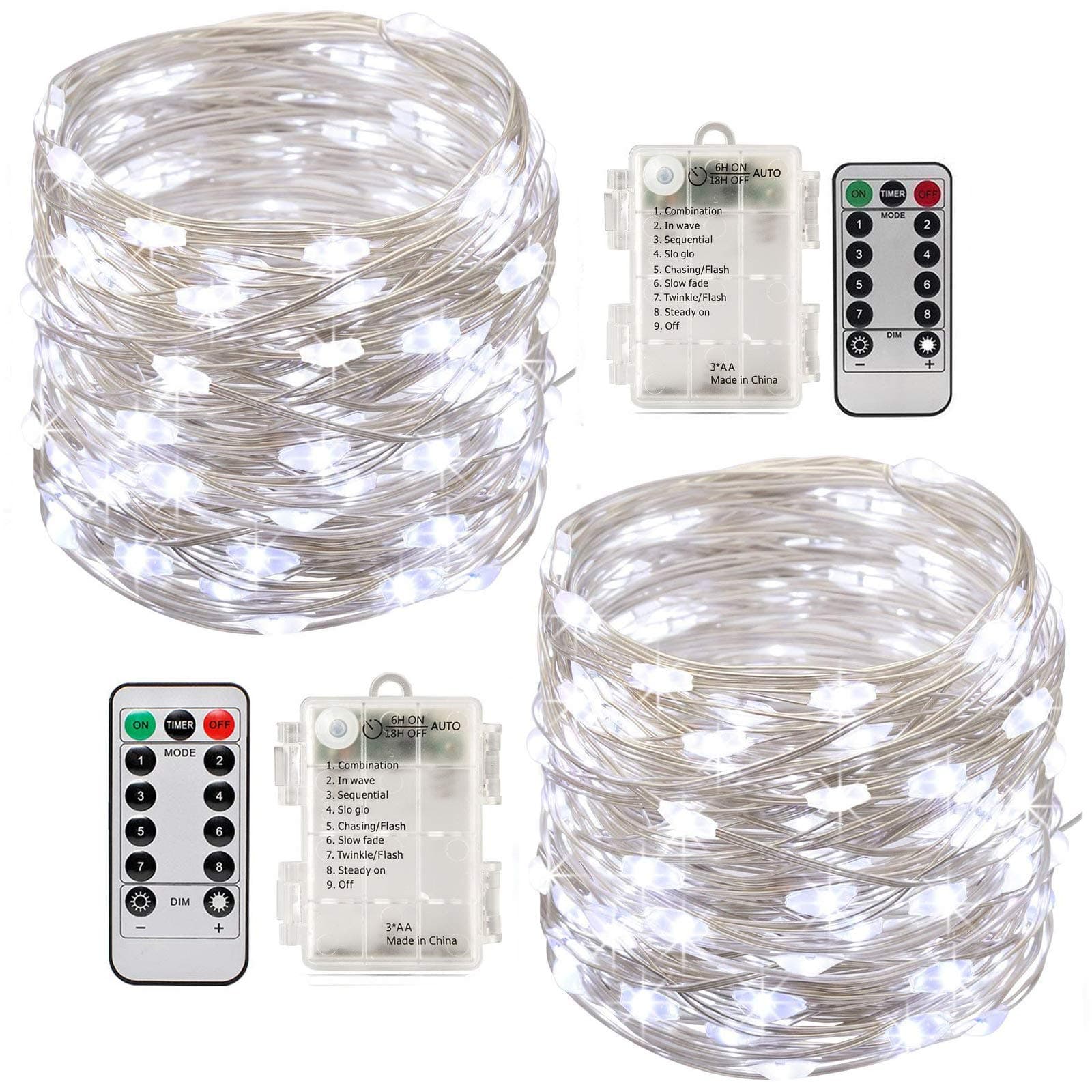 Led String Lights Battery Powered,[2 Pack] 100 LEDs 33ft Fairy String Lights Battery Operated Waterproof 8 Modes with Remote Control Christmas Decoration Lights (Cool White)