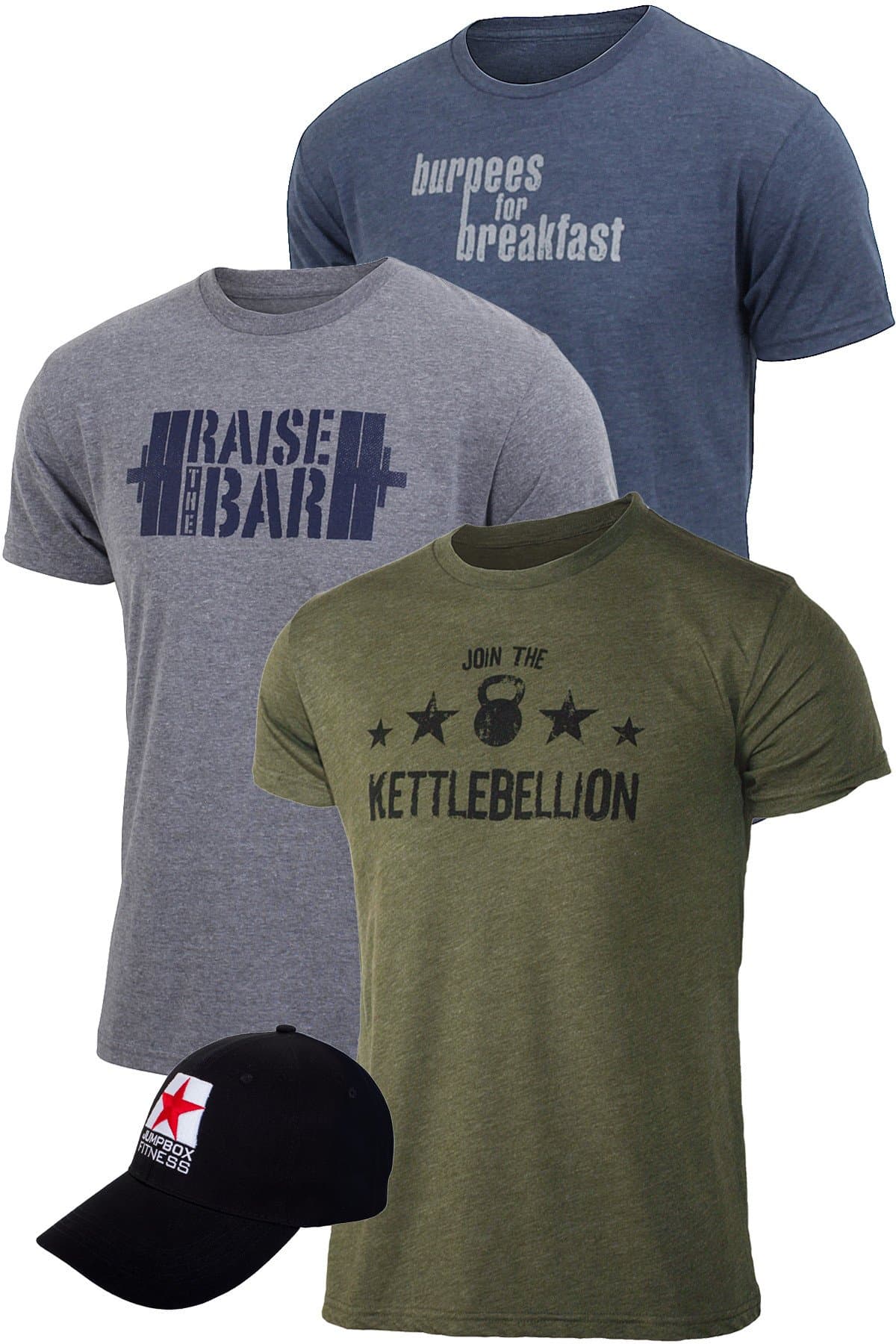Men’s Training Workout T-Shirt Bundle: 3 Tri Blend T-Shirts + 1 Hat, Gray Blue and Military Green