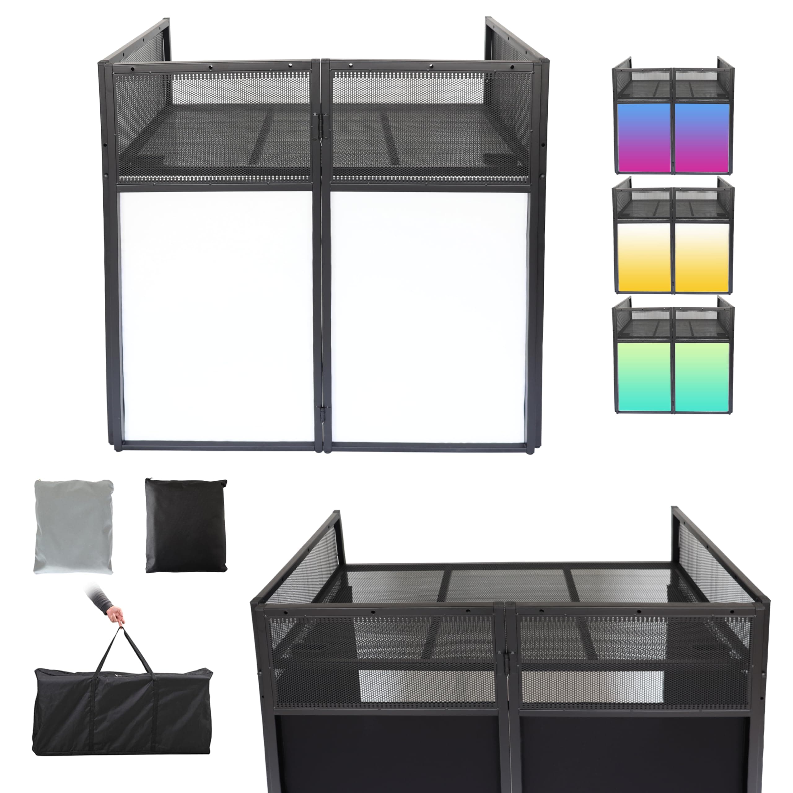 DJ Booth DJ Facade Adjustable Height DJ Event Booth Foldable Cover Screen Metal Frame Booth + Built in Flat Table w/Travel Bag Black White Scrims