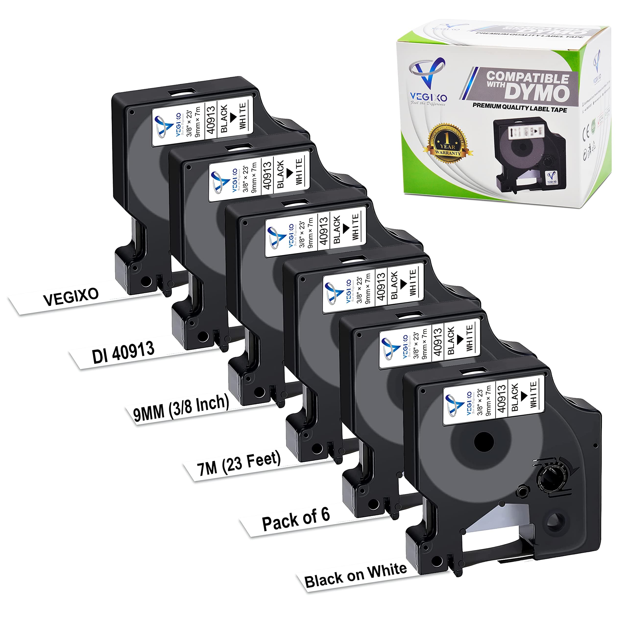 9mm X 7m - Black on White D1 Label Tape Pack of 6 - Replacement for 40913 S0720680 Dymo ‎Label Printer Tape, Compatible with Dymo Label Maker 160, 210D, Label Writer 450D, 500TS.
