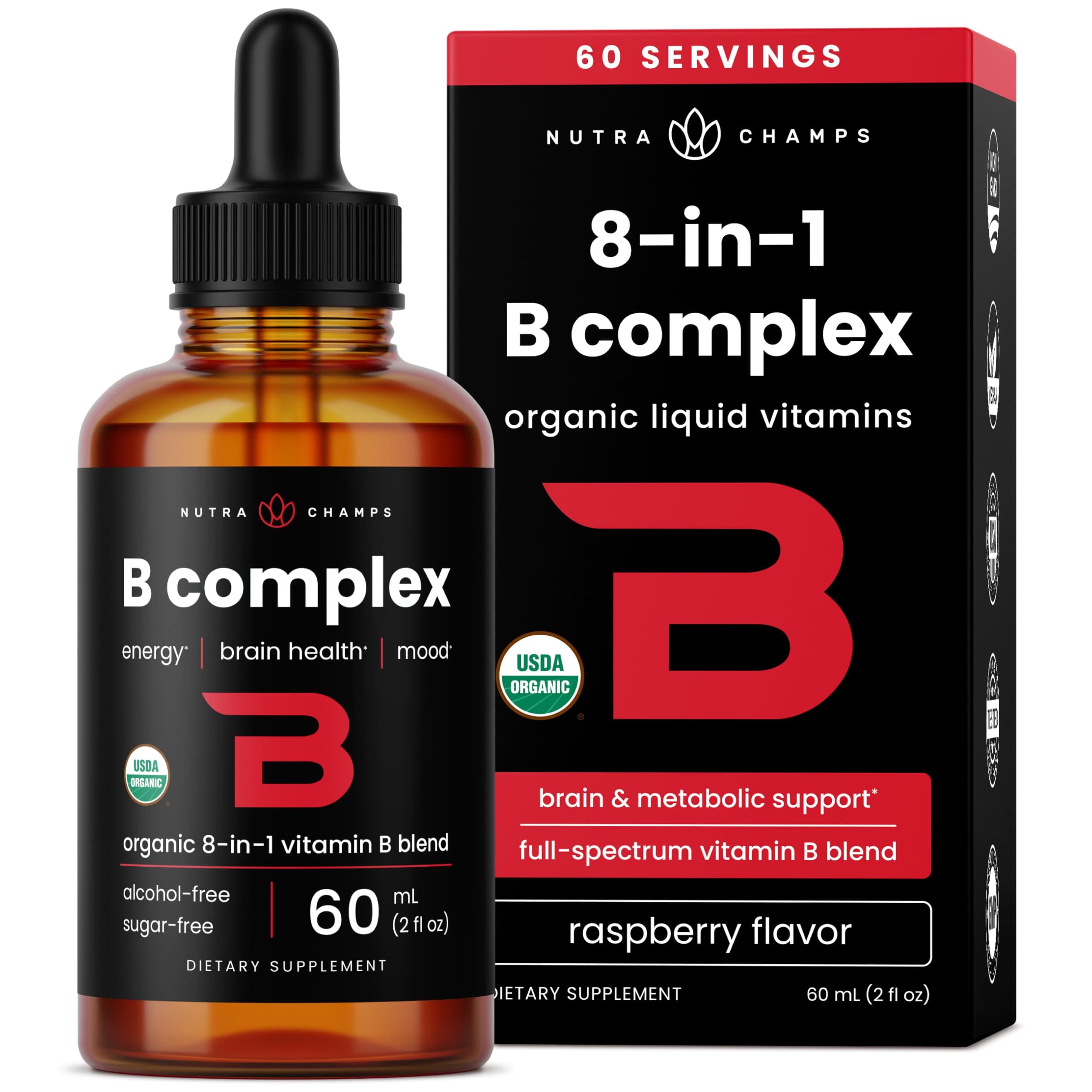 Vitamin B Complex Liquid Drops with Fast Absorption - Sublingual Drops Supply - Vitamins B1, B2, B3, B6, B7, B9 & Methyl B12 for Men, Women & Kids - Vegan Berry Flavor 2oz