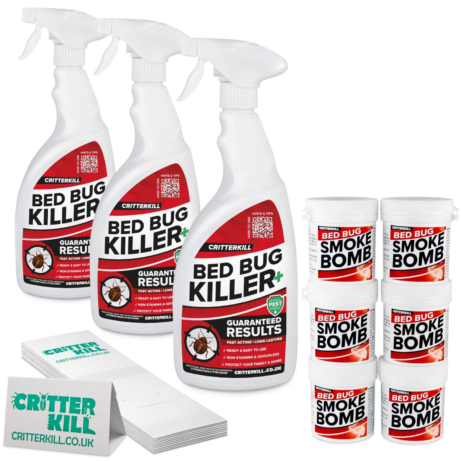 CritterKill Bed Bug Killer Kit - For Medium Level Home Infestation - Bedbug Spray + Smoke Bombs + Insect Traps (3L / 6x16g / 9 traps)