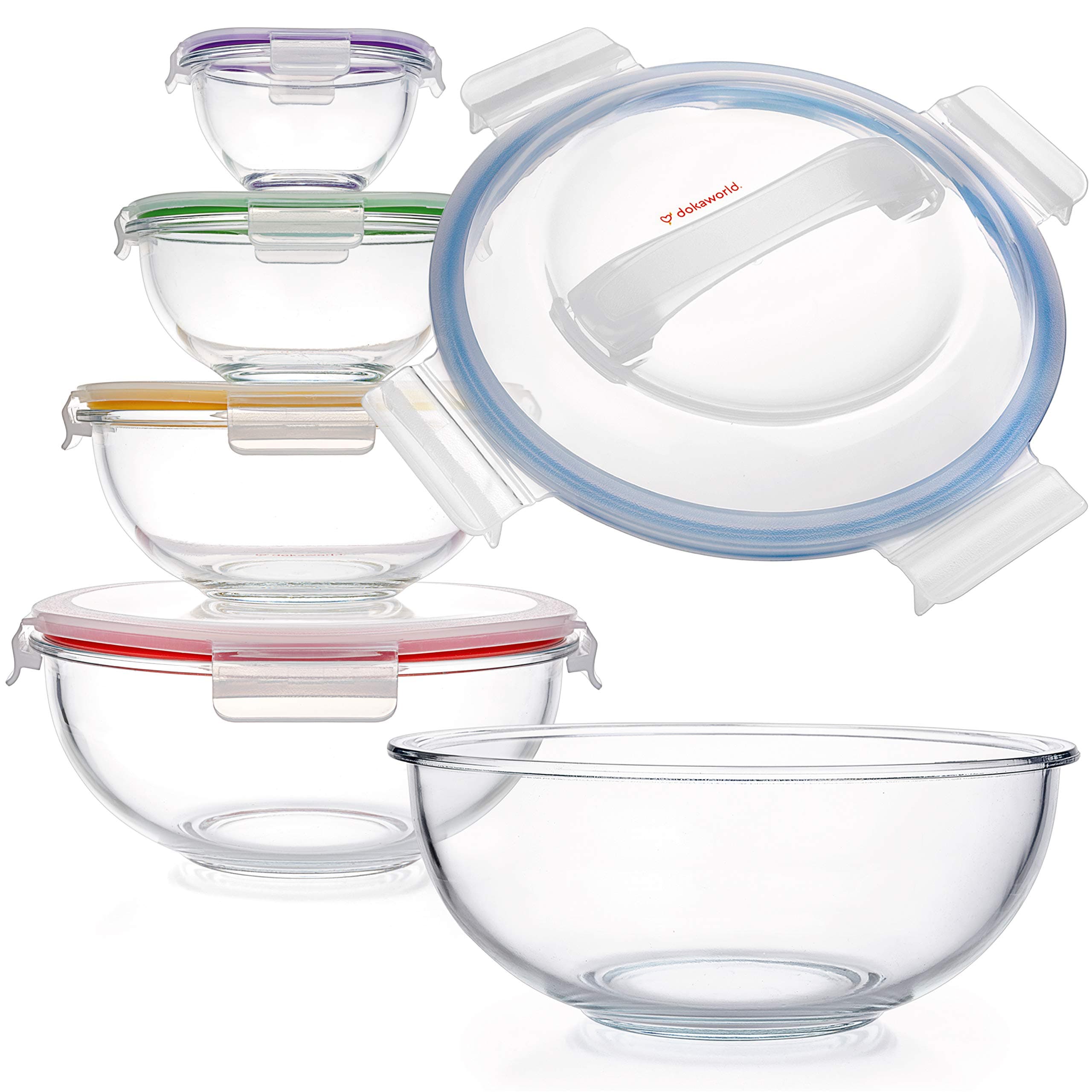 Set of 5 Stackable Space-Saving Nesting Glass Bowls with BPA Free Lids for Foodprep, Storage, Baking, Mixing & Cooking, Microwave Safe - Durable Inert Borosilicate Glass