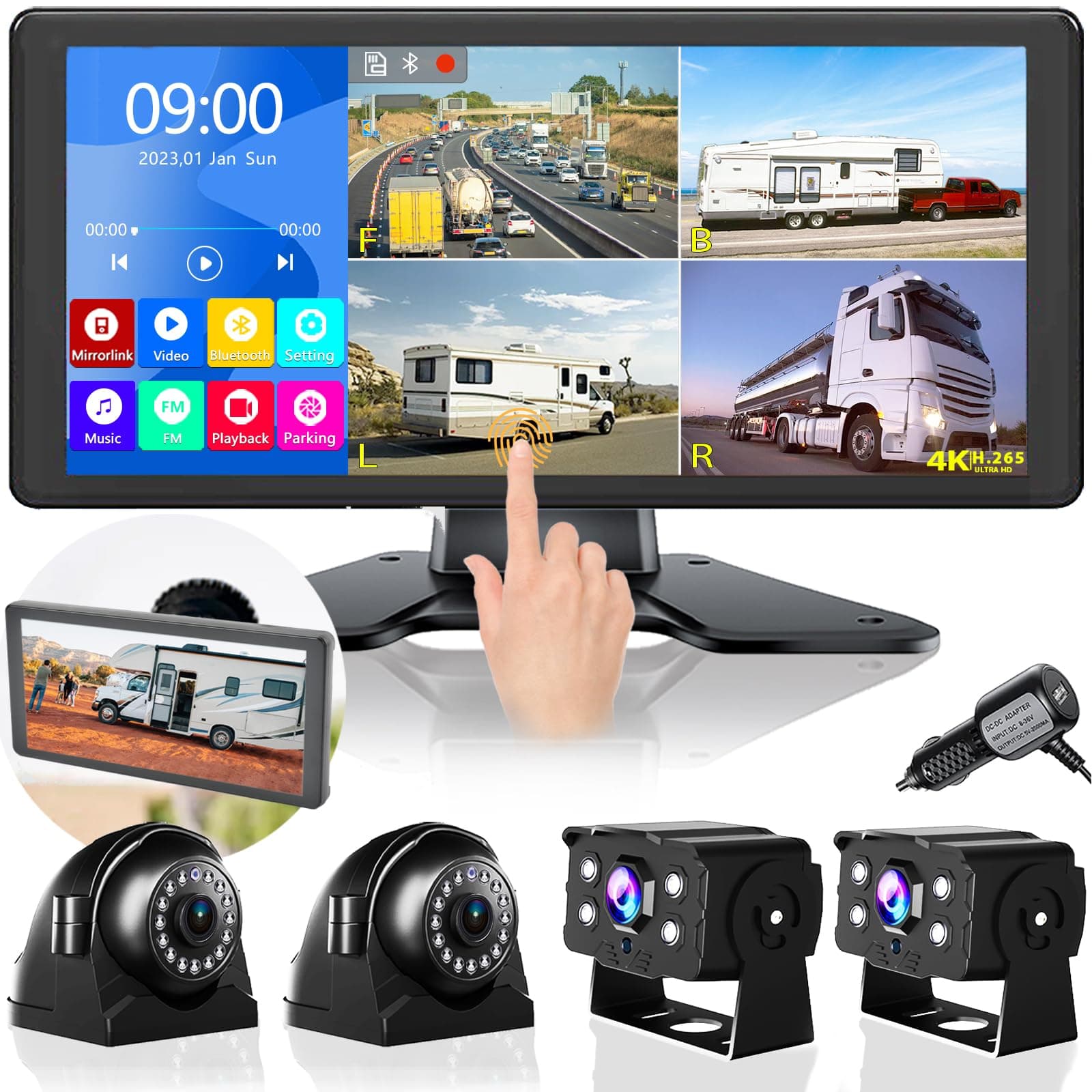 4K RV Backup Camera System 10.36" Quad Split Touch Screen Monitor with 4 1080P Rear Side View Camera, DVR Recording Bluetooth MP3 MP5 IP69 Waterproof Night Vision for RV Truck Semi Trailer Bus Tractor