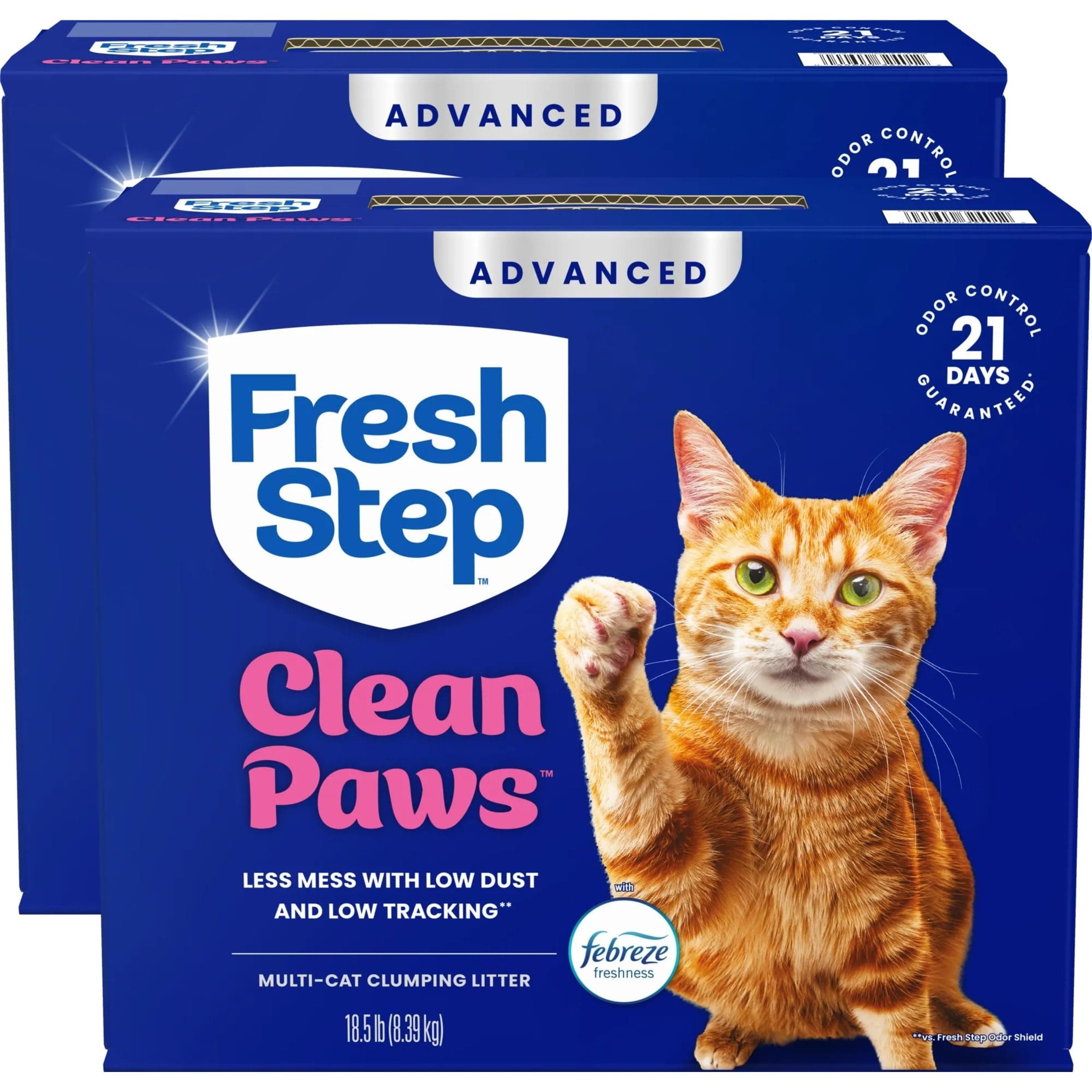 Advanced Clean Paws Multi Cat Clumping Cat Litter with Febreze Freshness, Low Dust, Odor Control with Ammonia Block Tech, Compatible in Automatic Litter Boxes, 37 lbs. (2 x 18.5 lb.)