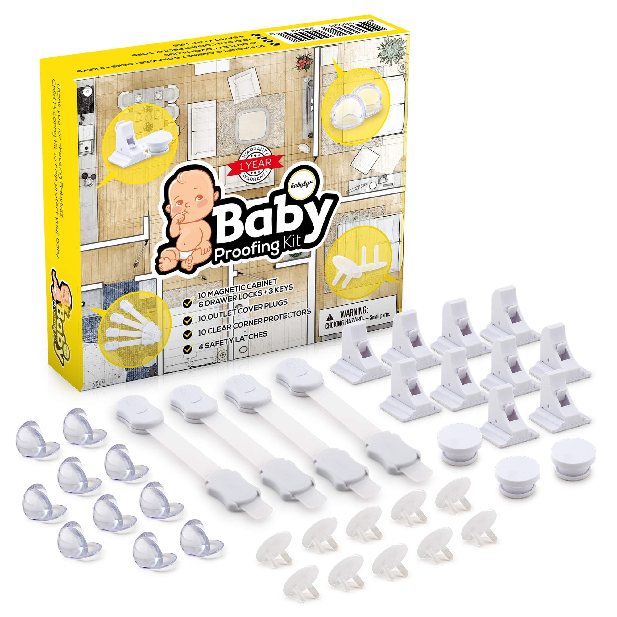 Complete Baby Proofing Kit – Easy Install, Super 3M Adhesive 10 Magnetic Cabinet Locks, 3 Keys, 10 Clear Corner Protectors, 10 Outlet Covers & 4 Cabinet Door Latches, No Drill Required Safety Set