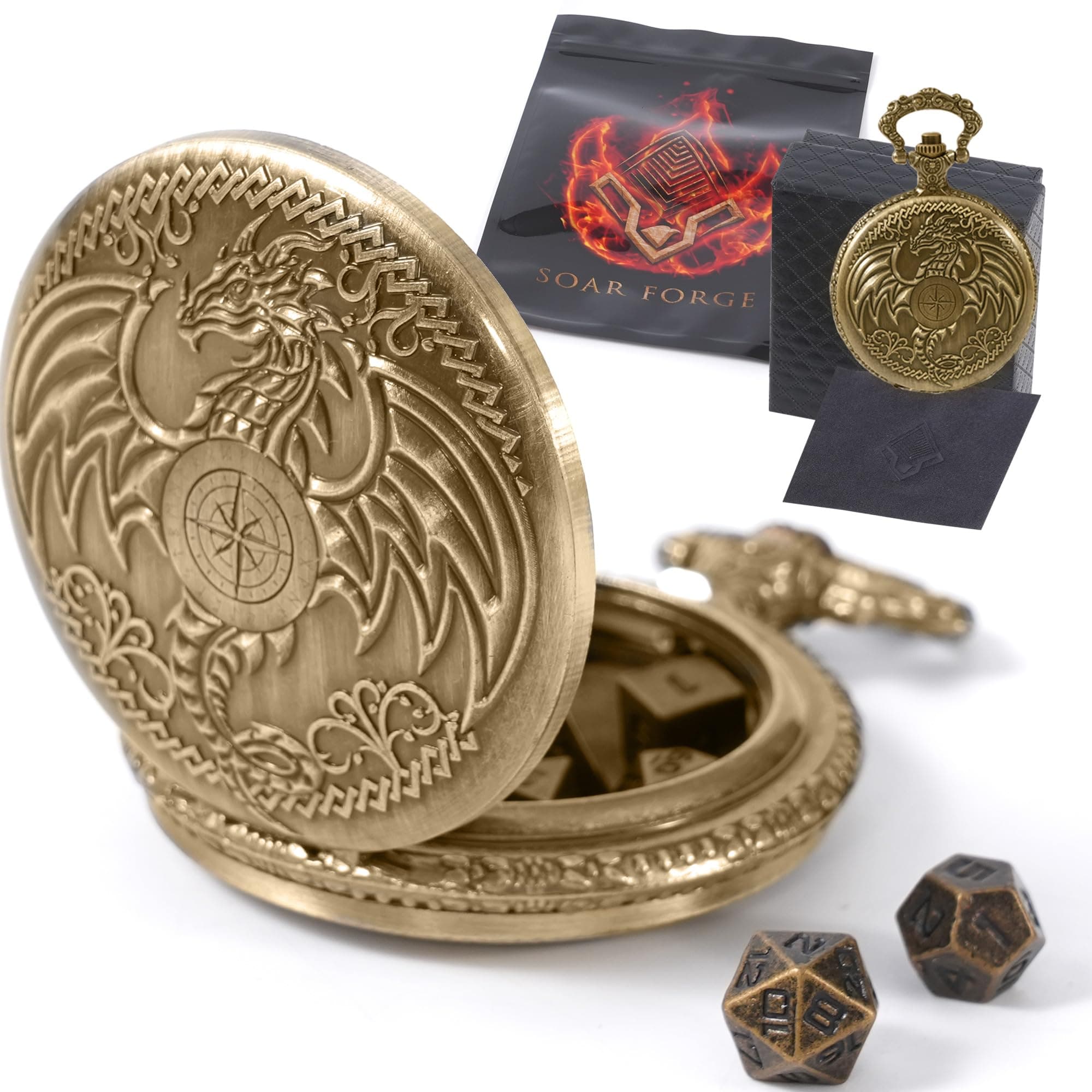 Micro Metal Dice Set for DND: MiniChrono's Tiny, Mini Set in a Dragon-Engraved Pocket Watch Case - Portable Dungeons and Dragons (D&D) Accessory for TTRPGs (Bronze + Bronze Dice)