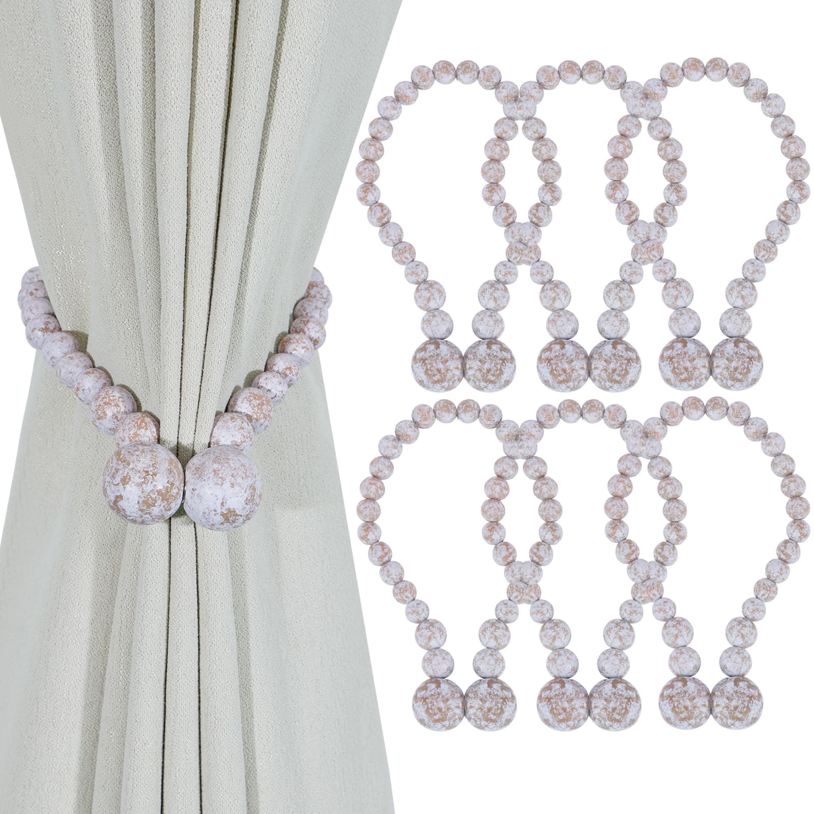 KLOGTSIND Magnetic Curtain Tiebacks, Curtain Tie Backs for Curtains 6 Pack, Wood Bead Curtain Tiebacks, Curtain Holders for Boho Bedroom Decor, Baby Nursery Decor, Farmhouse Decor