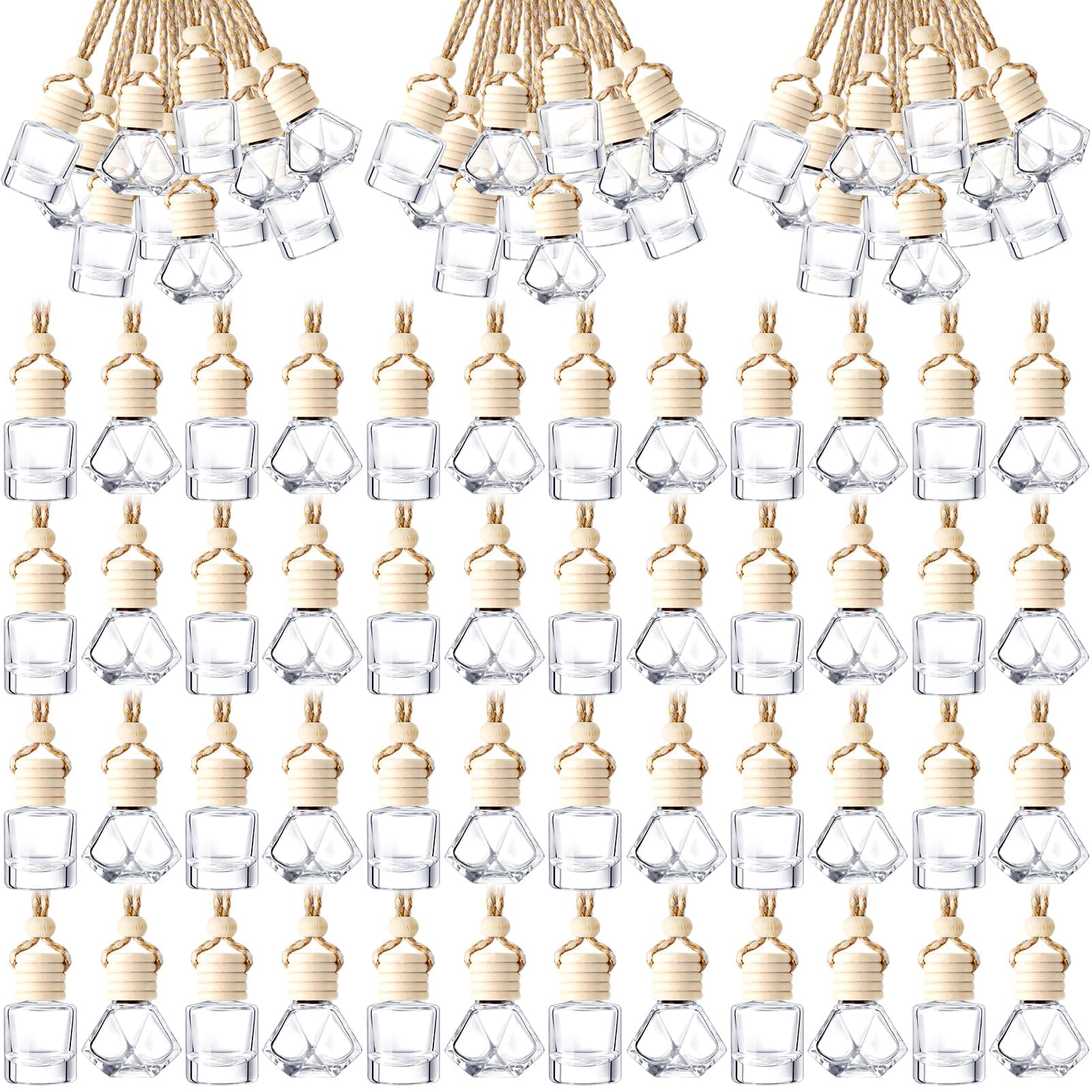 BBTO 200 Pcs Hanging Car Diffuser Bottle Bulk Empty Clear Glass Perfume Bottles Air Freshener Pendant for Essential Oils Fragrance Aromatherapy Car Interior (Diamond, Cylinder)