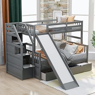 Twin Over Full Bunk Bed with Storage Drawers Solid Wood Bunk Bed with Stairs and Safety Guardrail