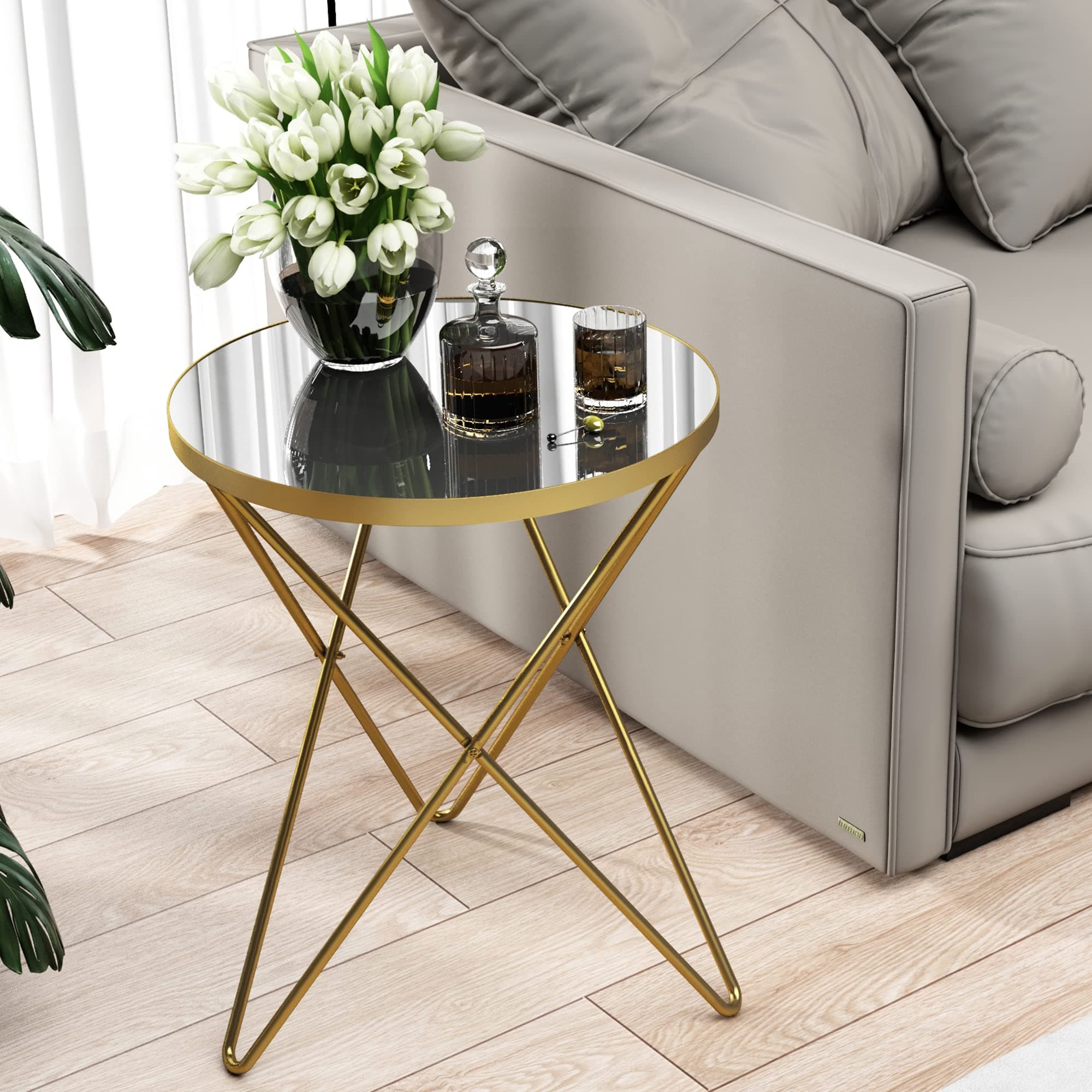 HLR Modern Round Side Table, End Table with Marble Effect Top and Gold Metal Frame, Small Side Table for Living Room, Bedroom, Sofa and Couch, Gold Legs, Mirror top