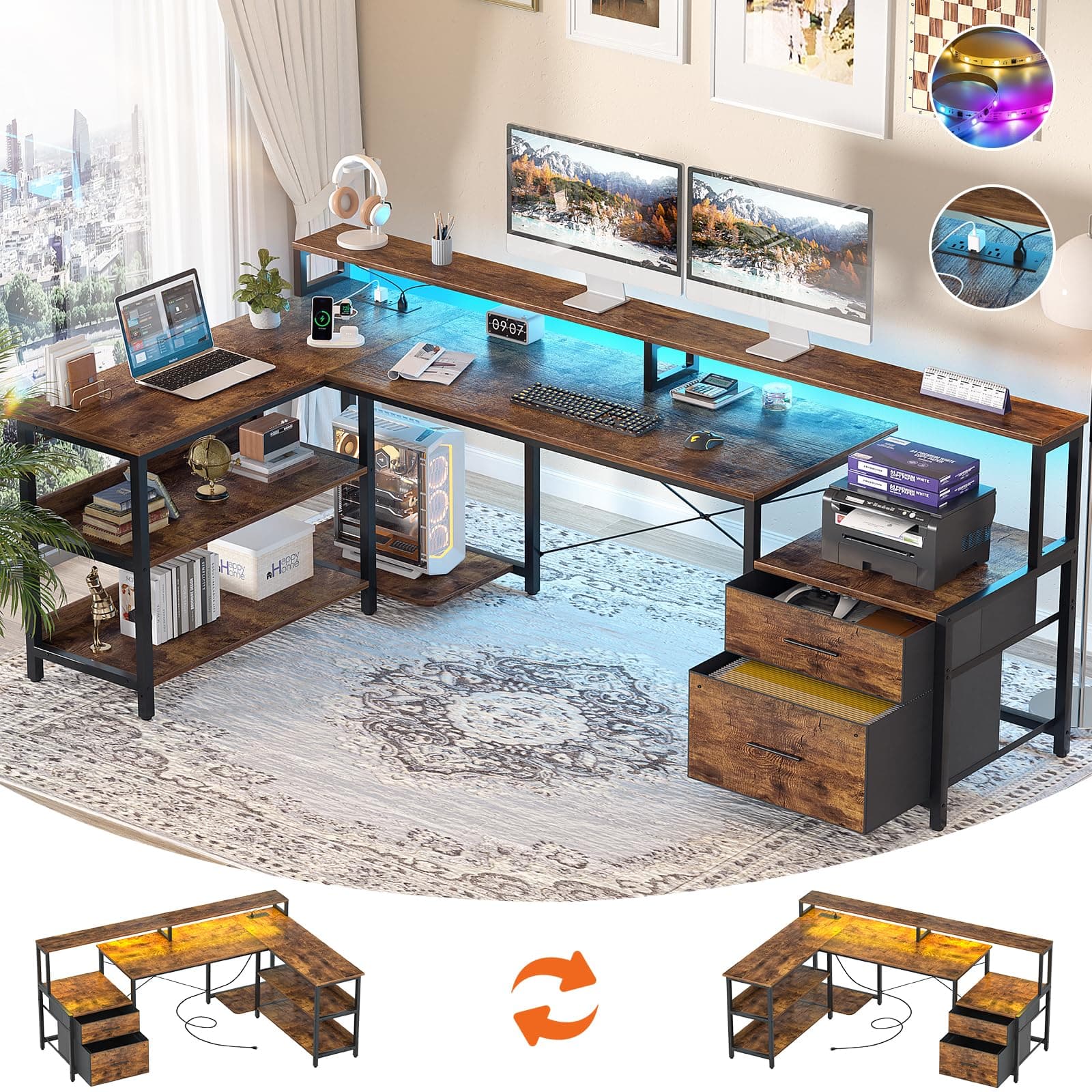 Aheaplus L Shaped Computer Desk with LED Strip & Power Outlet, 45'' Reversible Gaming Desk with File Drawer, Rustic Brown