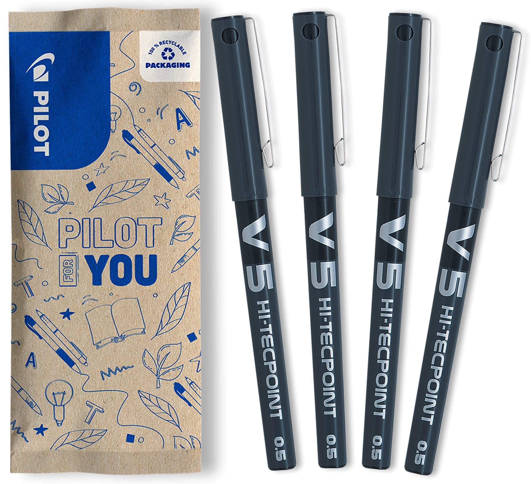 Pilot - Set of 4 V5 Liquid Ink Rollerball 0.5mm - Black - Fine Tip