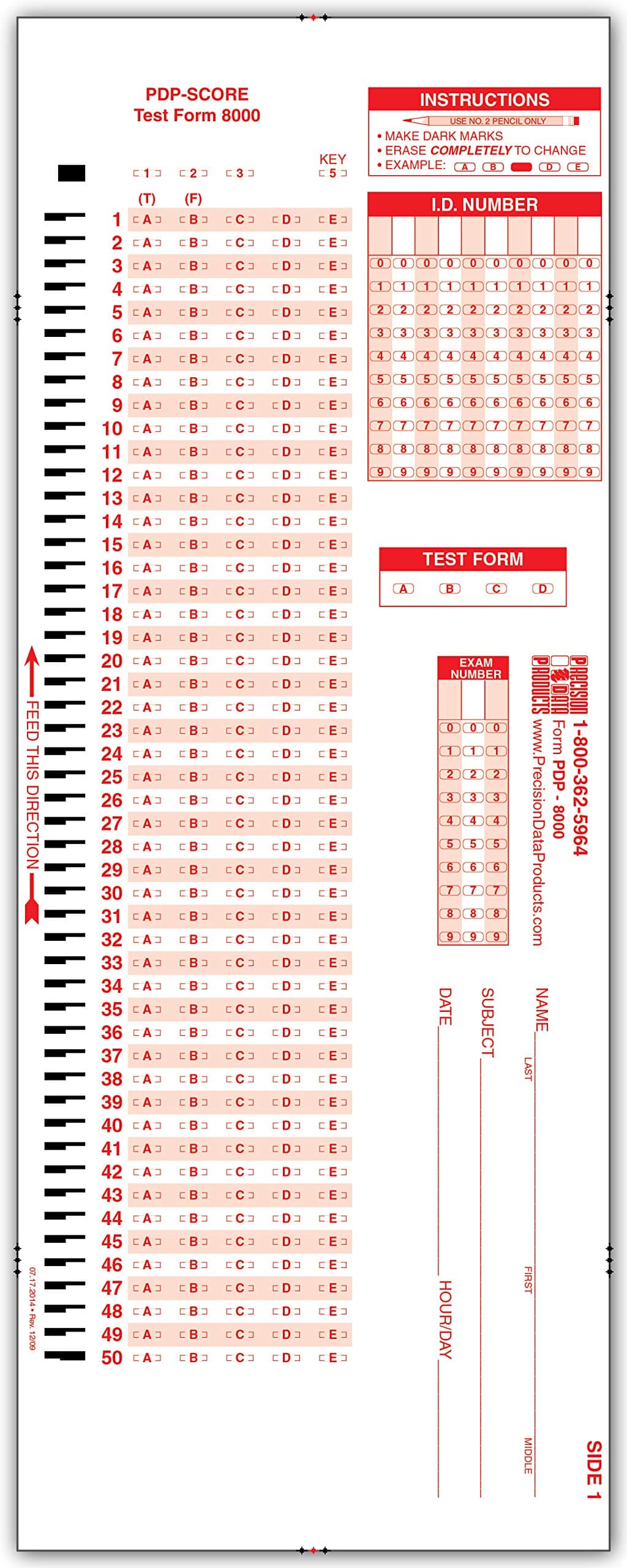 X-101864-PAR-L Compatible Test Answer Forms, PDP 8000, (500 Sheet Pack)