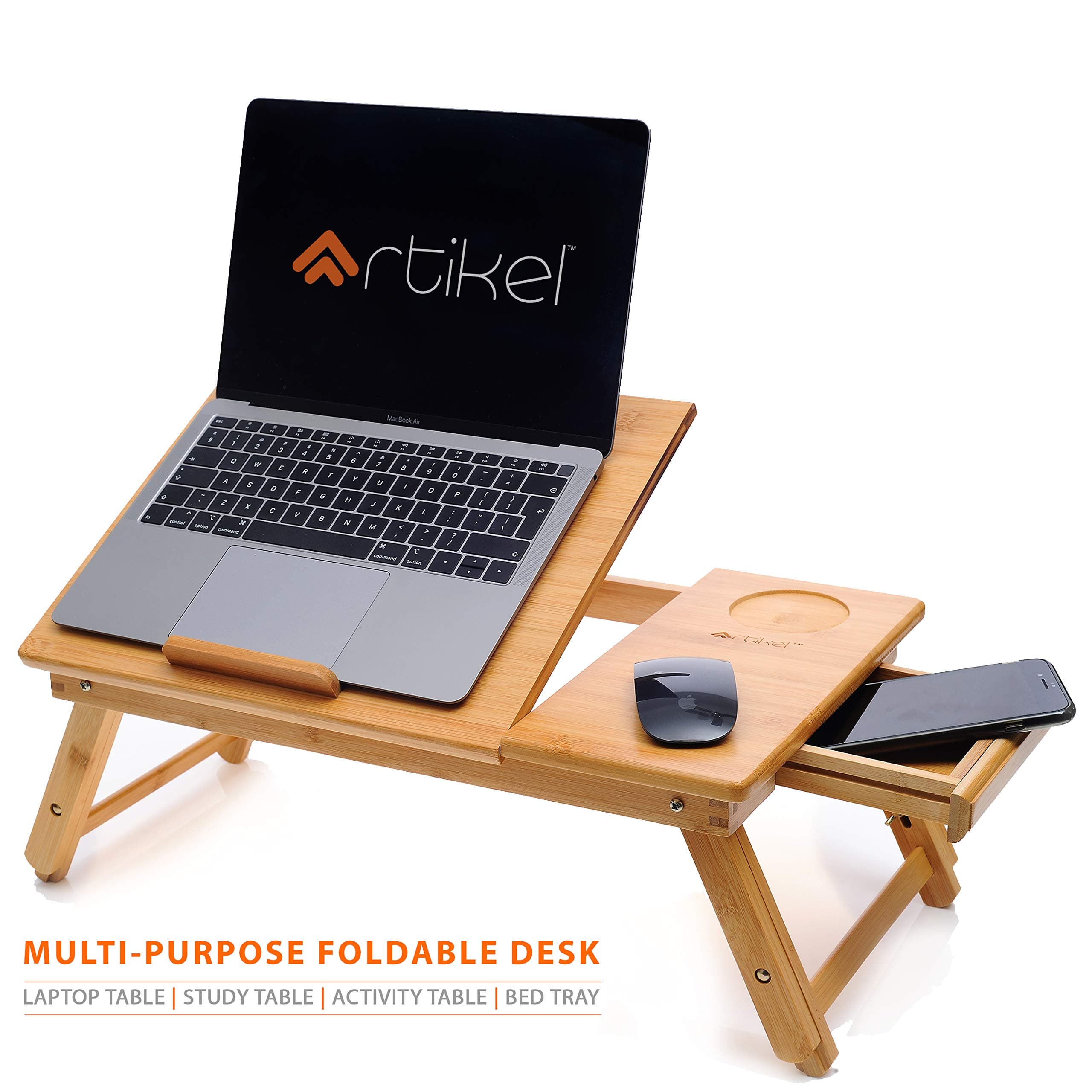 Artikel® Multi-Purpose Bamboo Laptop Table | Study Table | Bed Table | Foldable and Portable | Tilt & Height Adjustable | Ergonomic & Rounded Edges | Handmade