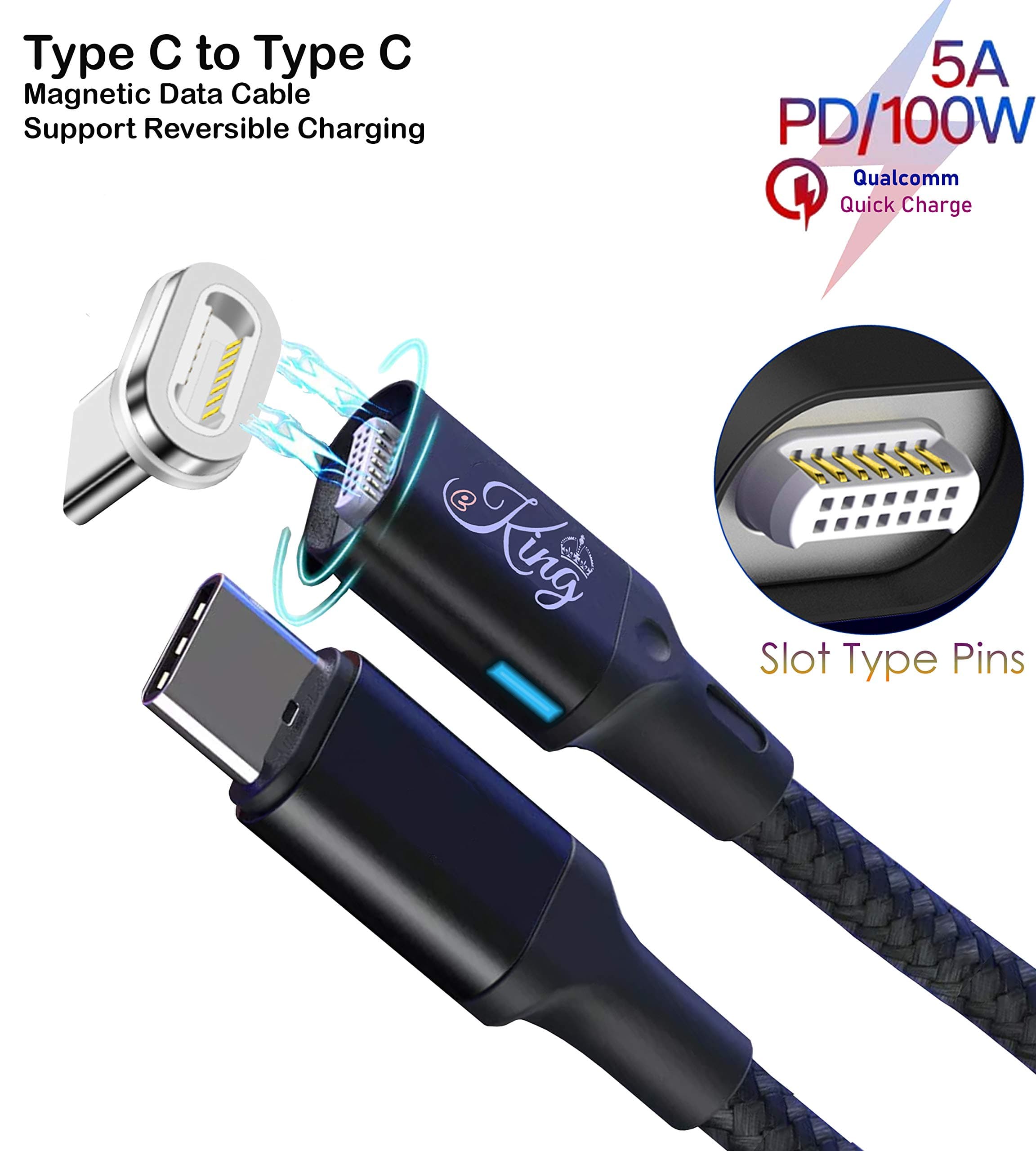 eKing™ Magnetic Fast Charging Data Cable USB C to Type C Cable PD & QC 100W 20V 5A Nylon Type C Cord Compatible with MacBook Pro, Nintendo Switch, Samsung Galaxy, Dell XPS Huawei 1.8m Black