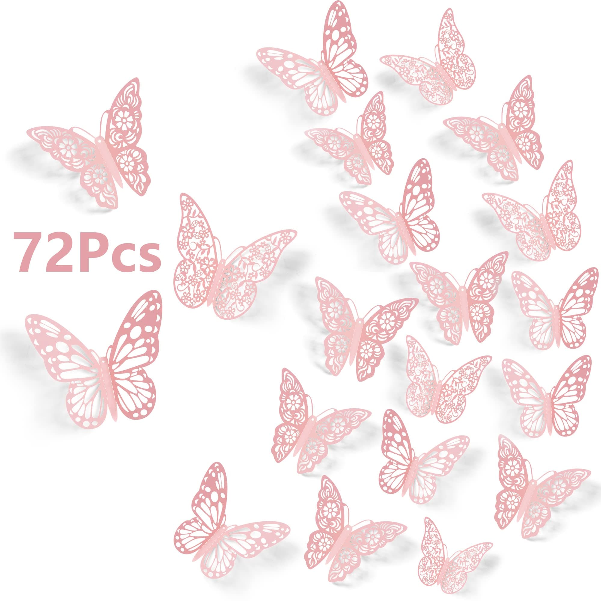 SAOROPEB 3D Wall Decor, 72 Pcs 3 Sizes 3 Styles, Pink Butterfly Decorations - Removable Stickers for Room Decor, Party Balloons, Cake Decoration, Flower Arrangements