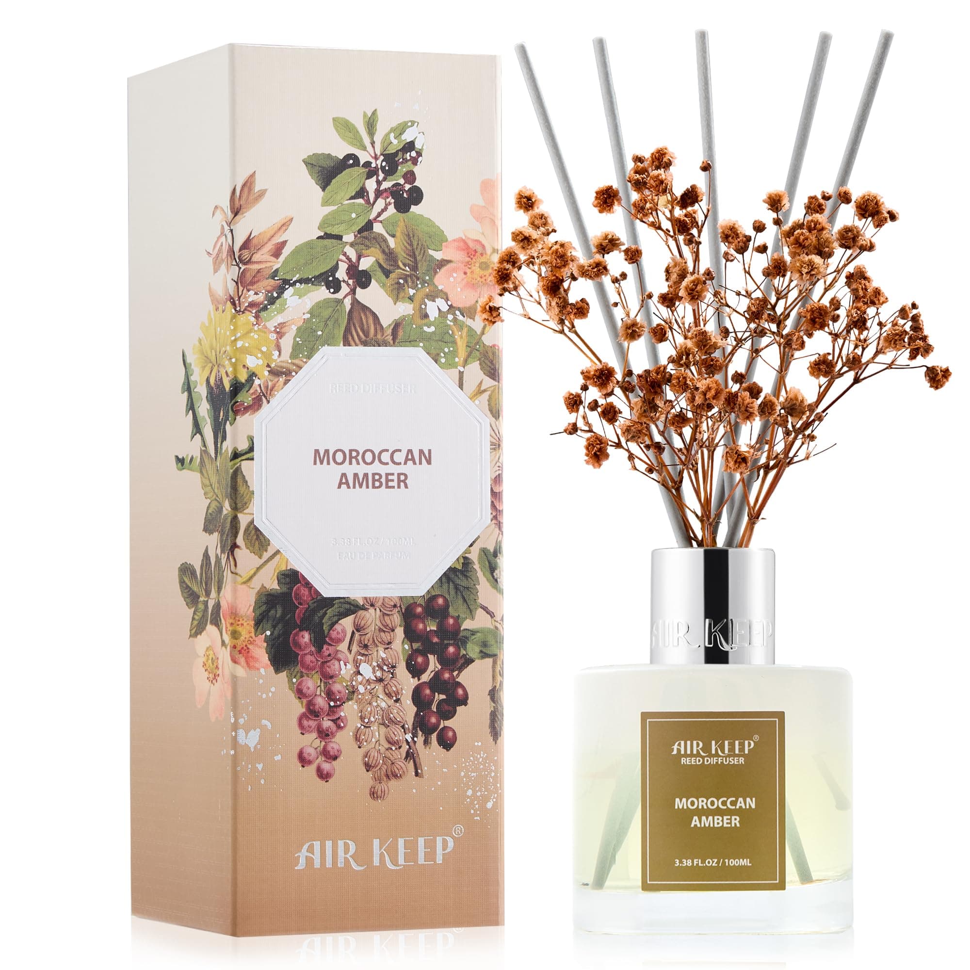 Reed Diffuser Set,3.38 fl oz (100 ml) - Moroccan Amber Oil Diffusers with 8 Reed Sticks, Home Fragrance Reed Diffuser for Bathroom Shelf Decor