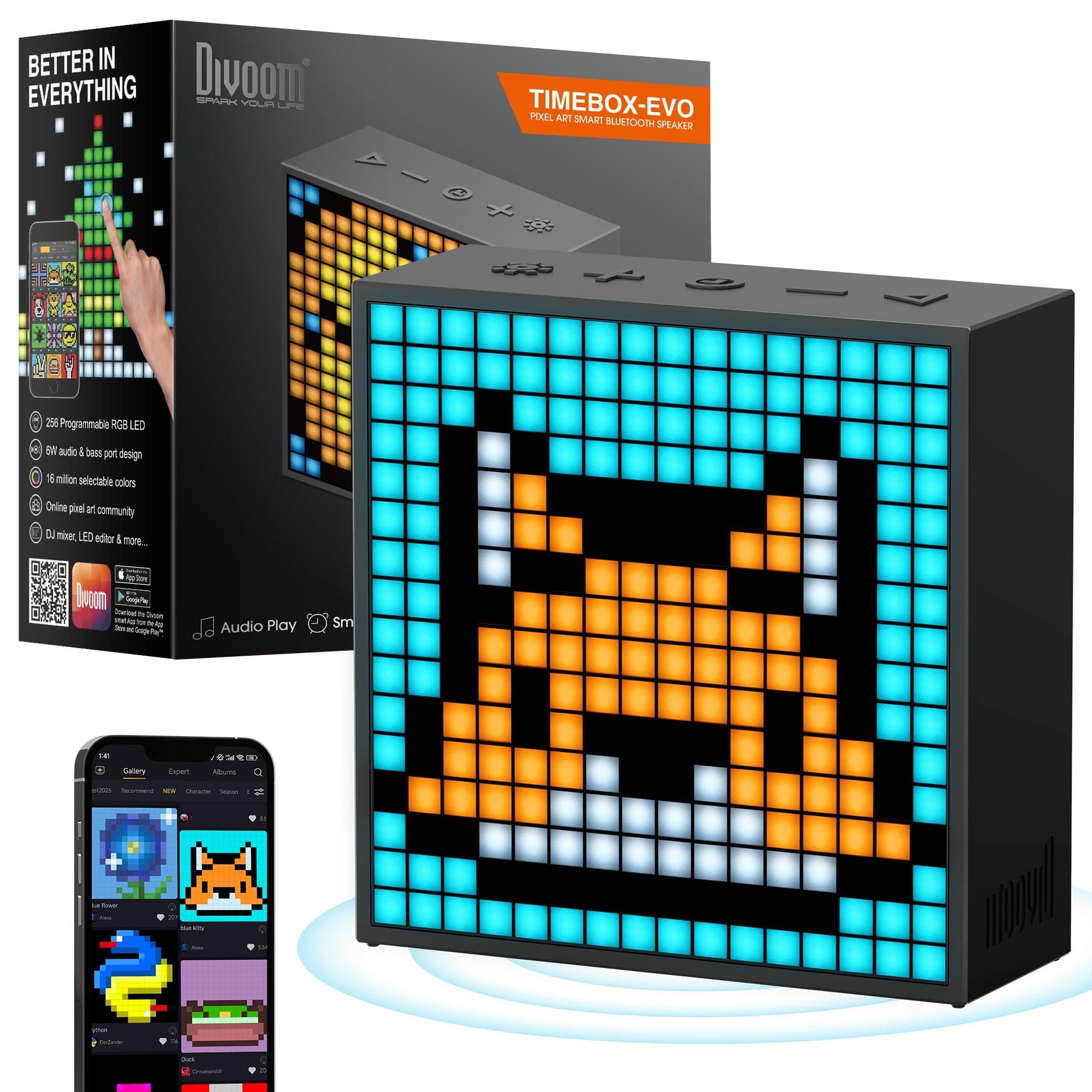 Timebox Evo Pixel Art Bluetooth Speaker with App Control, Creative LED Speaker & Alarm Clock, DIY Pixel Display, Perfect Thanksgiving & Xmas Present for Teens, Great for Christmas Decor