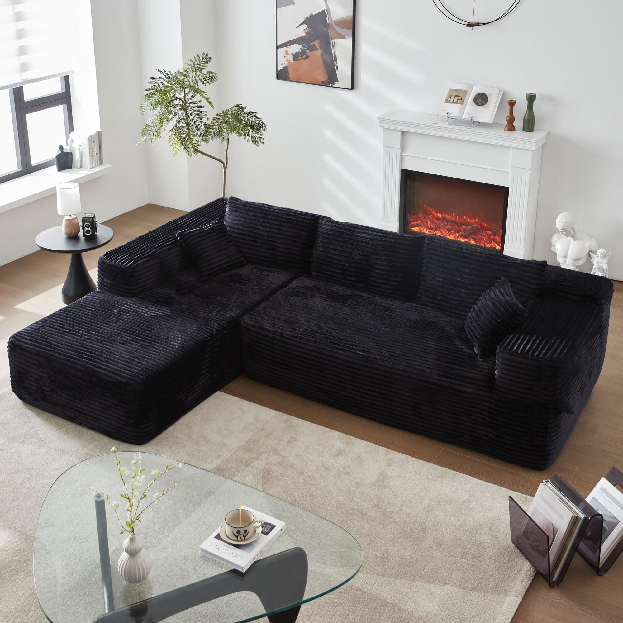 104" L-Shape Modular Sectional Sofa Couch - Comfy Upholstered Cloud Couch for Living Room - Modern Minimalist Couches,Deep Seat,No Assembly Required (Black,Plush Corduroy, Left Facing Chaise)
