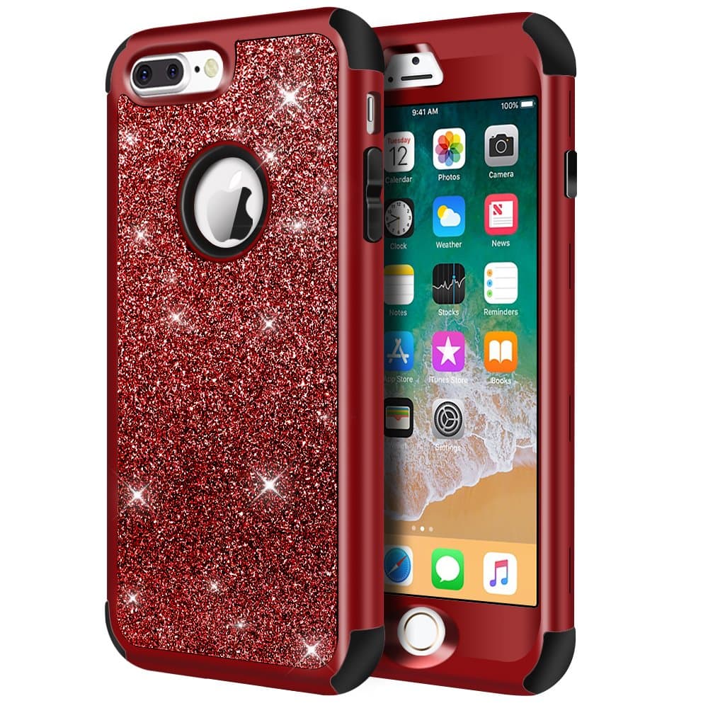 Designed for iPhone 8 Plus, iPhone 7 Plus Case, Heavy Duty Defender Protective Bling Glitter Sparkle Hard Shell Hybrid Shockproof Rubber Bumper Cover for 7 Plus and 8 Plus, Red