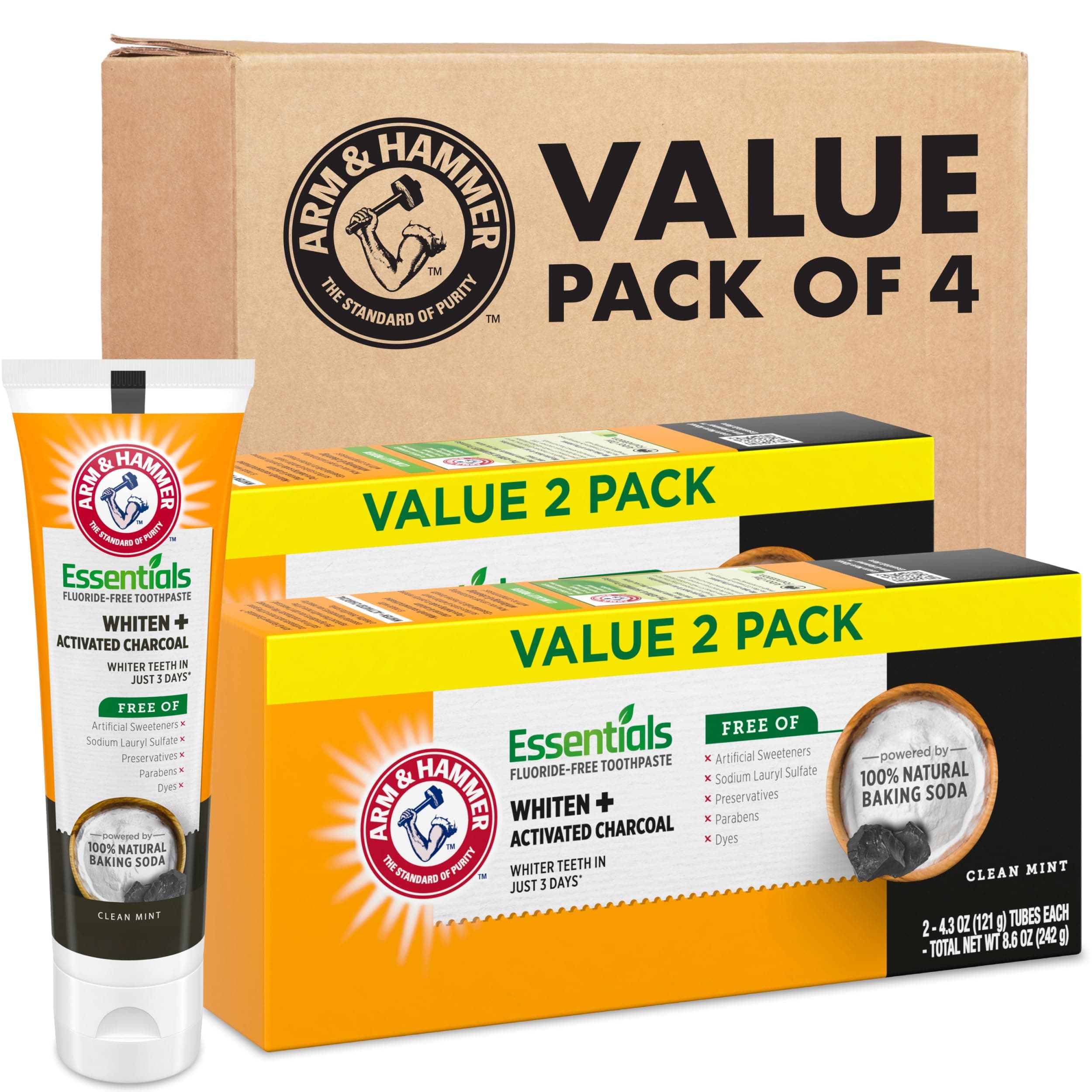 ARM & HAMMER Essentials Fluoride-Free Toothpaste, Whitening + Activated Charcoal Toothpaste, 4 Pack of 4.3oz Tubes, Clean Mint, 100% Natural Baking Soda