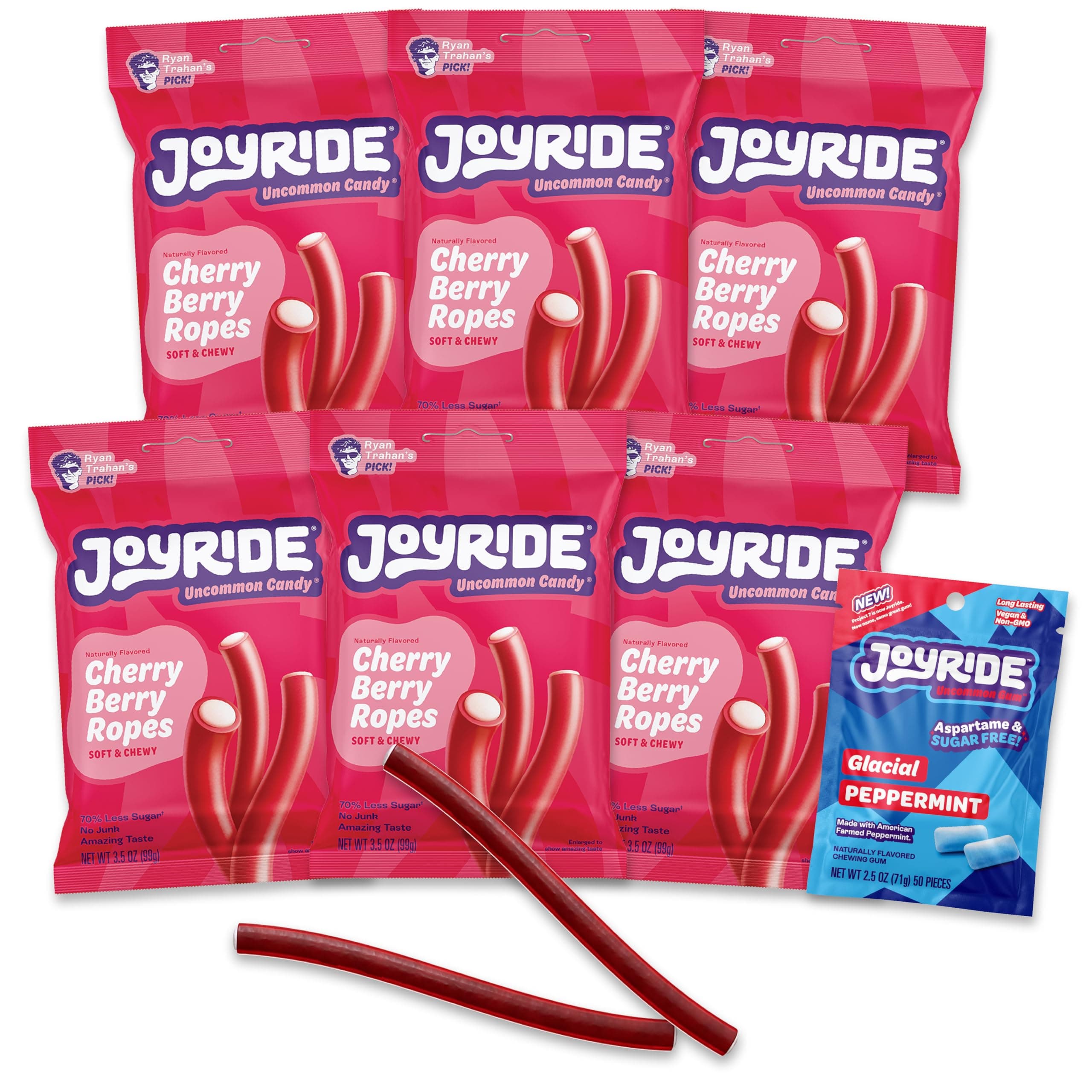 JOYRIDE Cherry Berry Ropes - 3.5 oz 6-Pack Bundle with 2.5oz Glacial Peppermint Gum, Tart Cherry Licorice, Low Calorie Candy, Low Sugar & Low Carb, Fiber Snack (7 Items)