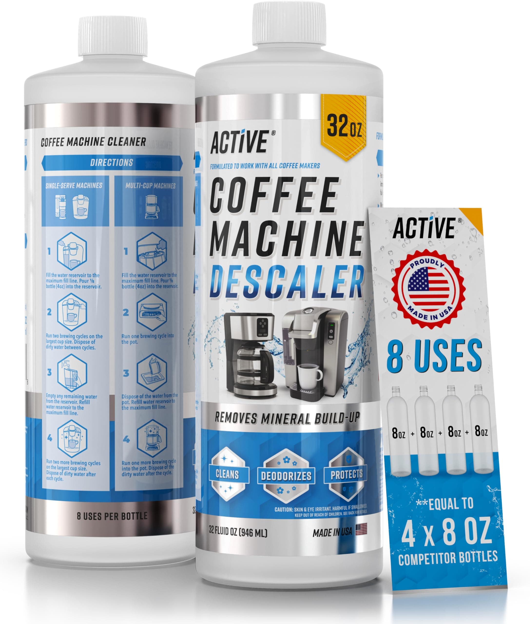 ACTIVE Coffee Machine Descaler Descaling Solution - 32oz (8 Uses) Compatible with Keurig,Nespresso,Breville,Delonghi, Jura, Ninja - Espresso Coffee Maker Cleaner,Coffee Pot Cleaning Limescale Remover