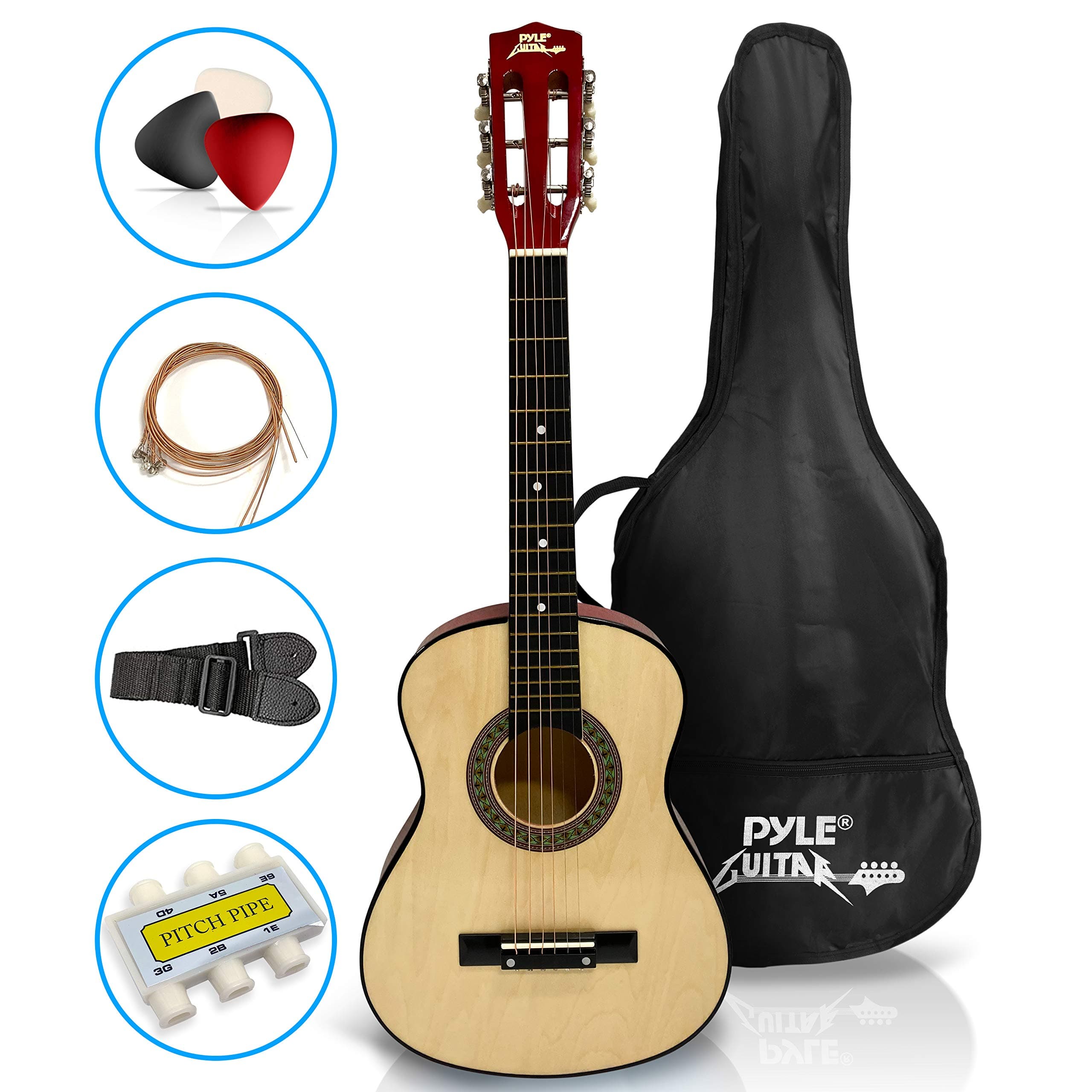 Pyle 30-Inch Beginner Acoustic Guitar Kit, 6-String Classical Style Travel Guitar for Kids and Adults - Includes String Set, Strap, Picks, Pitch Pipe, Storage Gig Bag - Hand Crafted Basswood